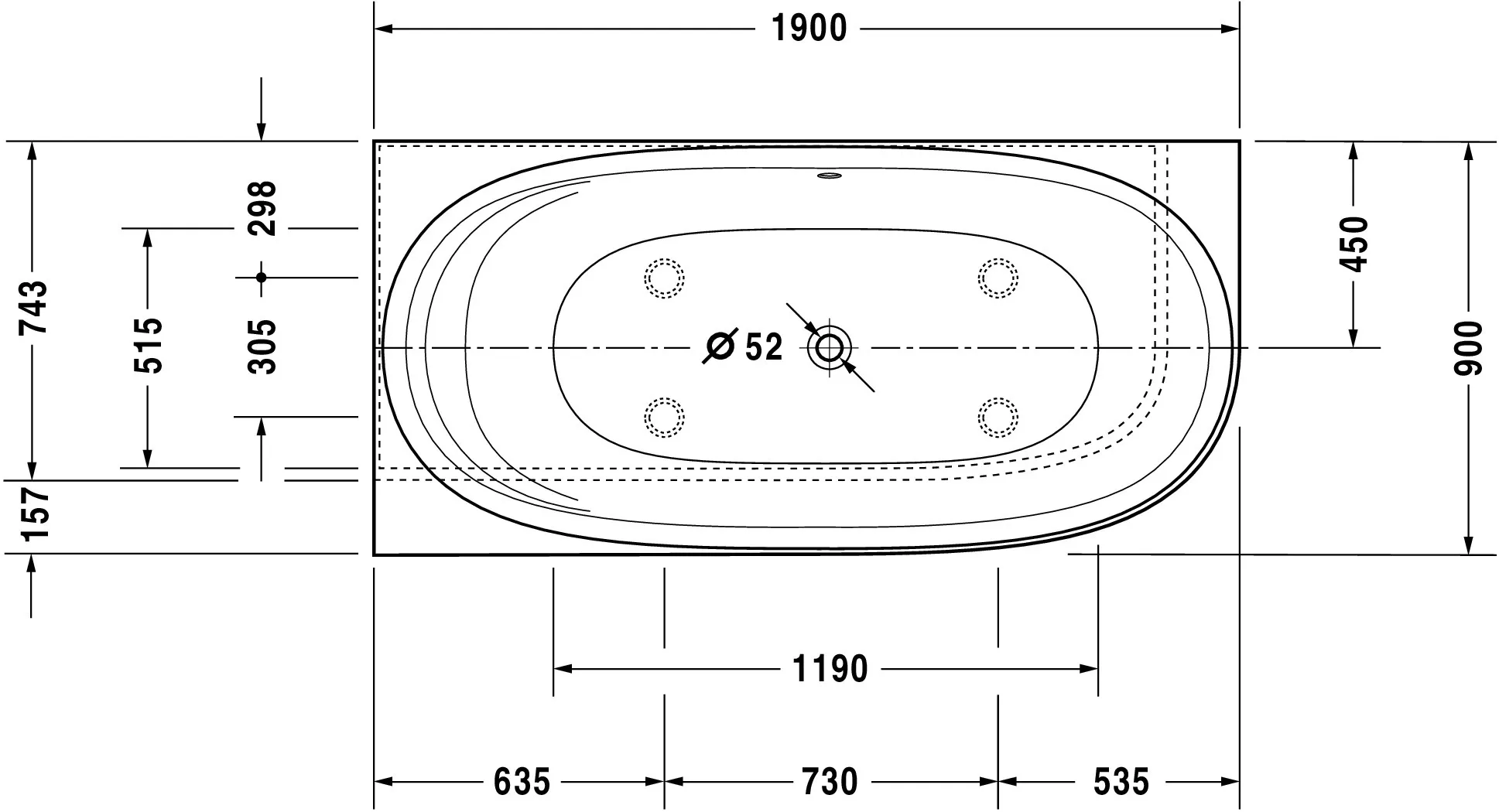 Duravit Whirlwanne „Cape Cod“ vorwand oval 1900 × 900 mm, links mit Air-System, in Weiß (matt) Duravit Whirlwanne „Cape Cod“ vorwand oval 1900 × 900 mm, links mit Air-System, in Weiß (matt)