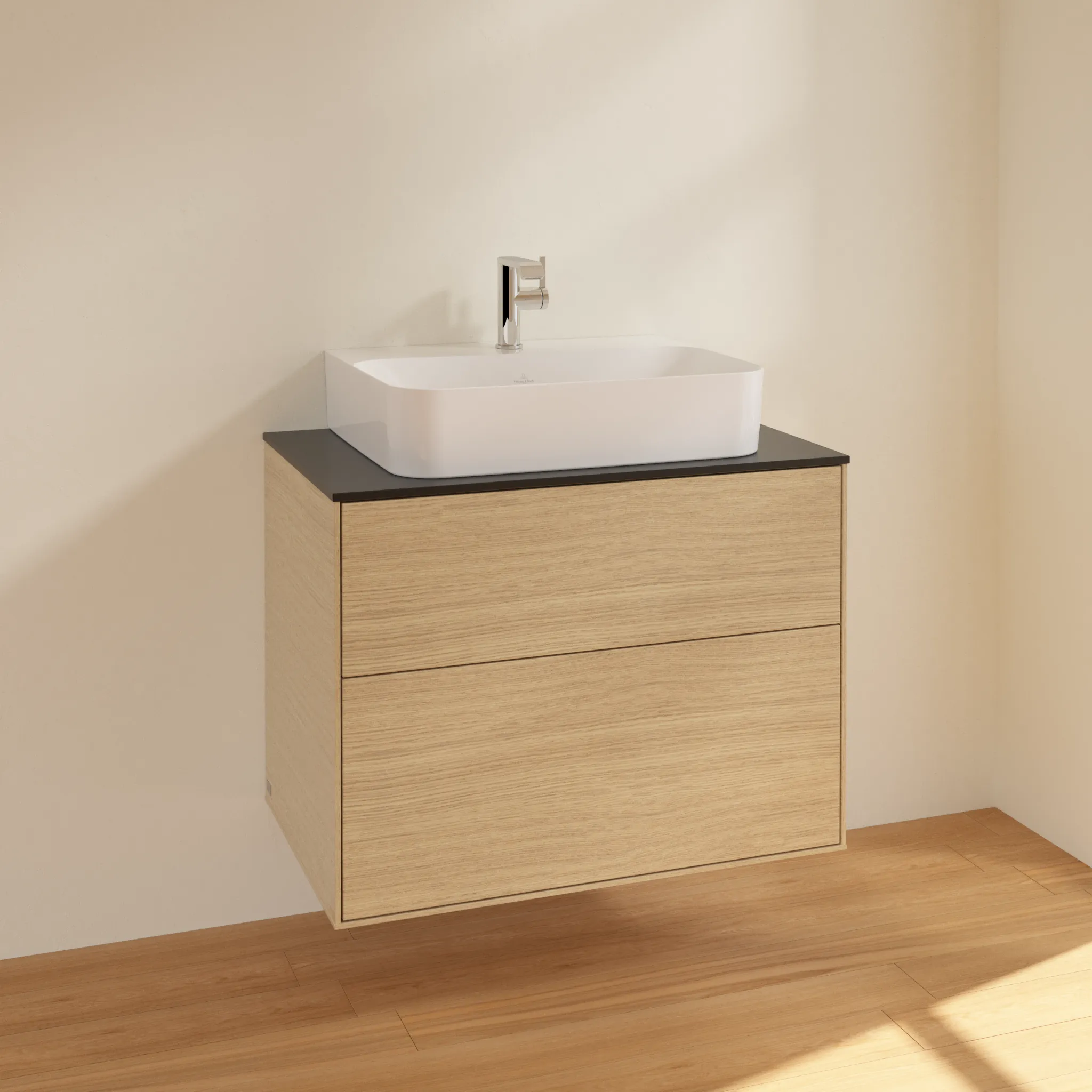 Villeroy & Boch Waschbeckenunterschrank Finion F09, Eckig Oak Veneer mit Glass Black Matt Abdeckplatte, 800 x 603 x 501 mm, 2 Auszüge mit SoftClosing und Push-to-open Funktion