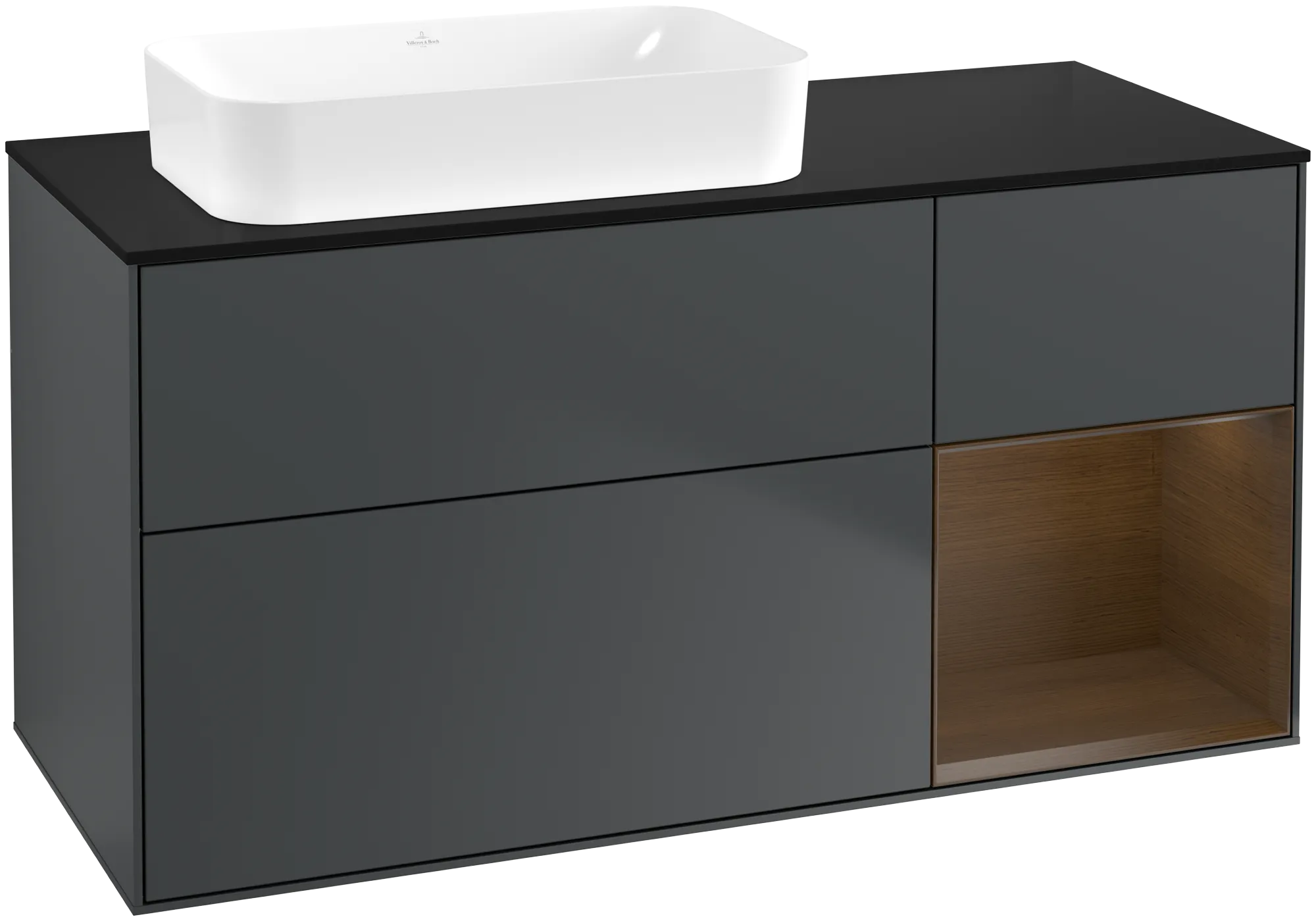 Villeroy & Boch Finion Waschbeckenunterschrank G69, 1200x603x501mm, Midnight Blue Matt Lacquer / Walnut Veneer / Glass Black Matt