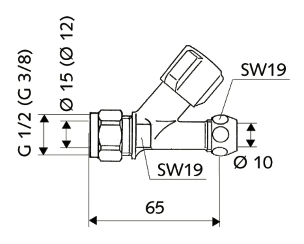 Schrägsitzventil COMFORT, COMFORT-Griff, Messing-Klemmring-Verschraubung Ø 15 (DN 15 G 1/2 AG), Ø 10 mm (DN 10 G 3/8 AG), chrom
