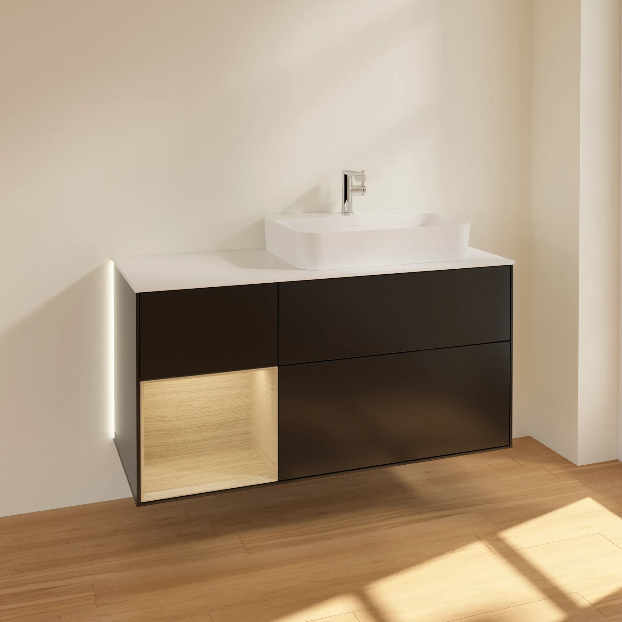 Villeroy & Boch Waschtischunterschrank „Finion“ für Schrankwaschtisch 1200 × 603 × 501 mm Black Matt Lacquer, für Becken rechts Villeroy & Boch Waschtischunterschrank „Finion“ für Schrankwaschtisch 1200 × 603 × 501 mm Black Matt Lacquer, für Becken rechts