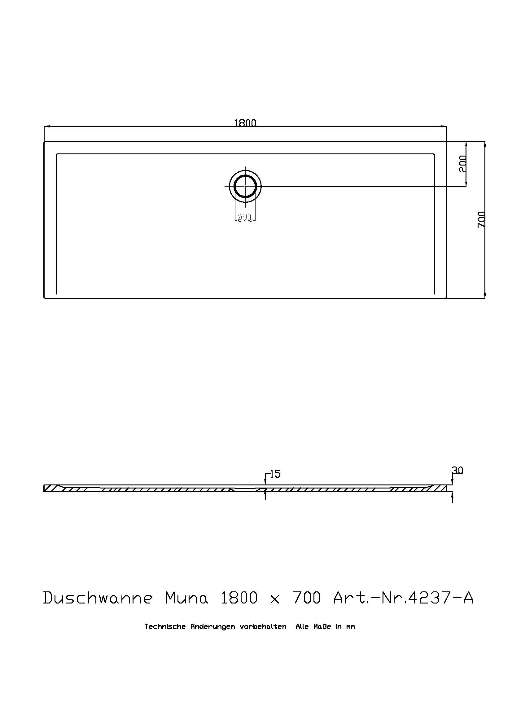 Duschwanne „Muna“ Rechteck 180 × 70 cm in Weiß