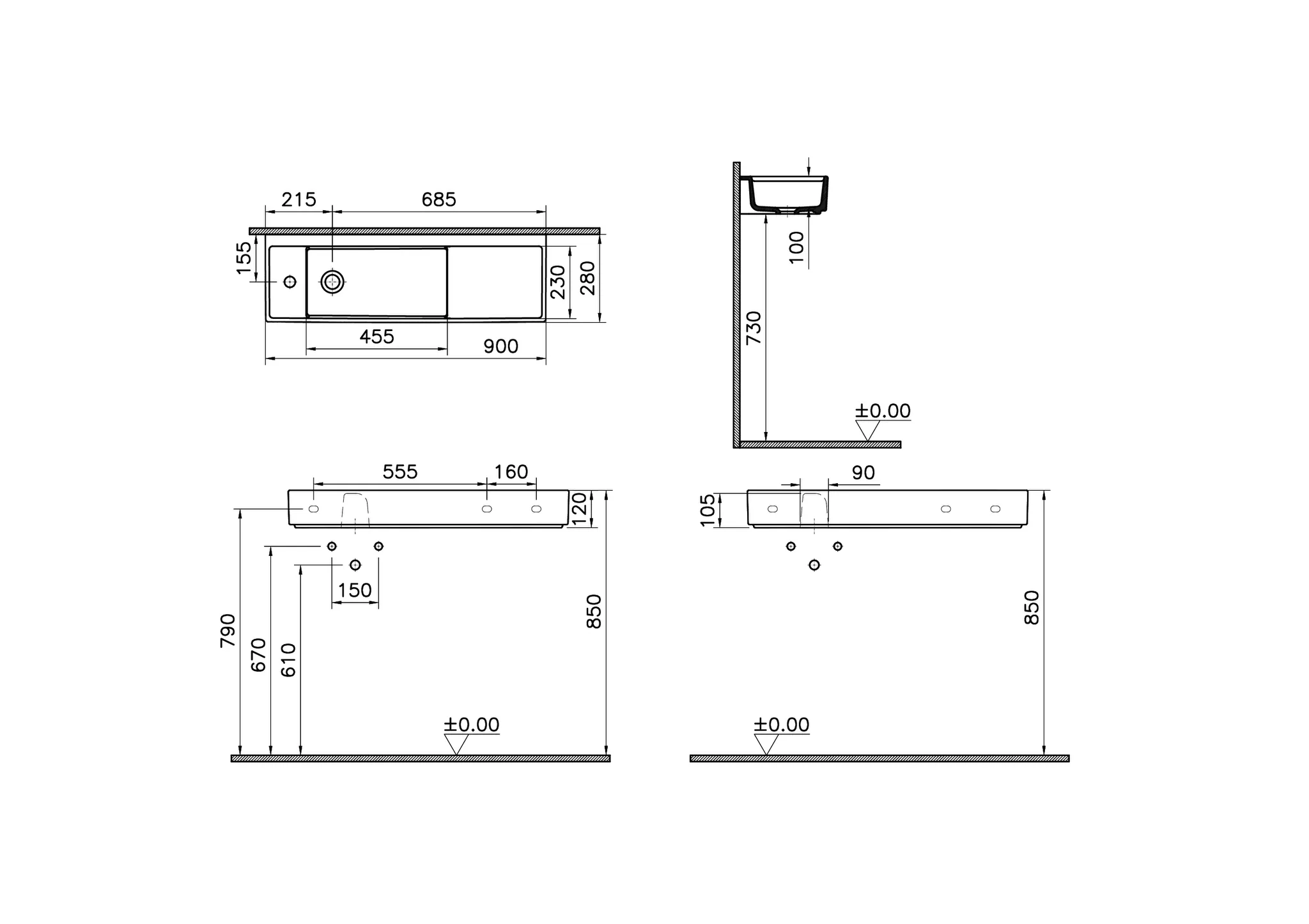 VitrA ArchiPlan Waschtisch Compact asymmetrisch 90 x 28 cm rechteckig wandgebunden Becken links Hahnloch links Ablage rechts ohne Überlaufloch Weiß Hochglanz