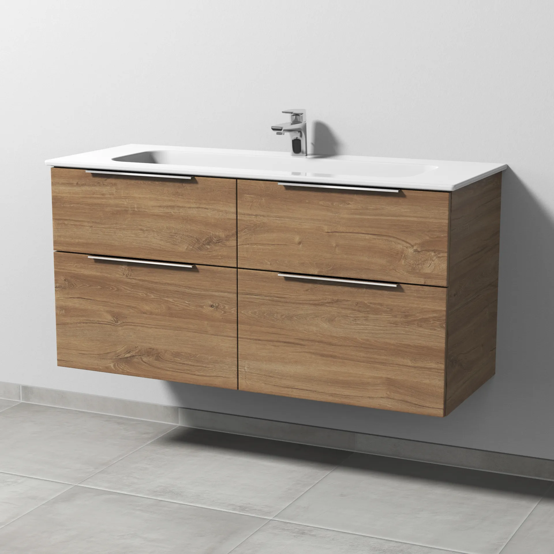 Keramik-Waschtisch-Set mit Waschtischunterschrank „3way“ 117 × 46 × 58,2 cm in Eiche Kansas, mit Hahnlochbohrung, Becken mittig