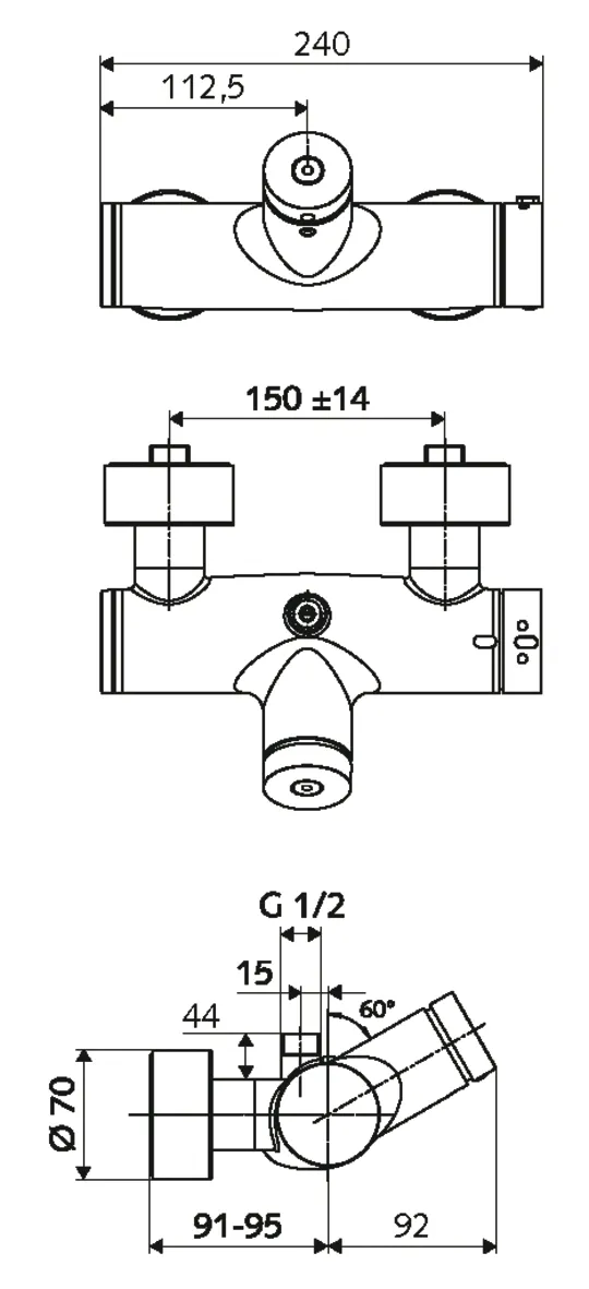 Aufputz-Duscharmatur VITUS VD-SC-T / o, Mischwasser, Thermostat, Selbstschluss-Aufputz-Duscharmatur, 2 RFV, Thermische Desinfektion, 2x DN 15 G 1/2 AG, DN 15 G 1/2 AG (oben), chrom