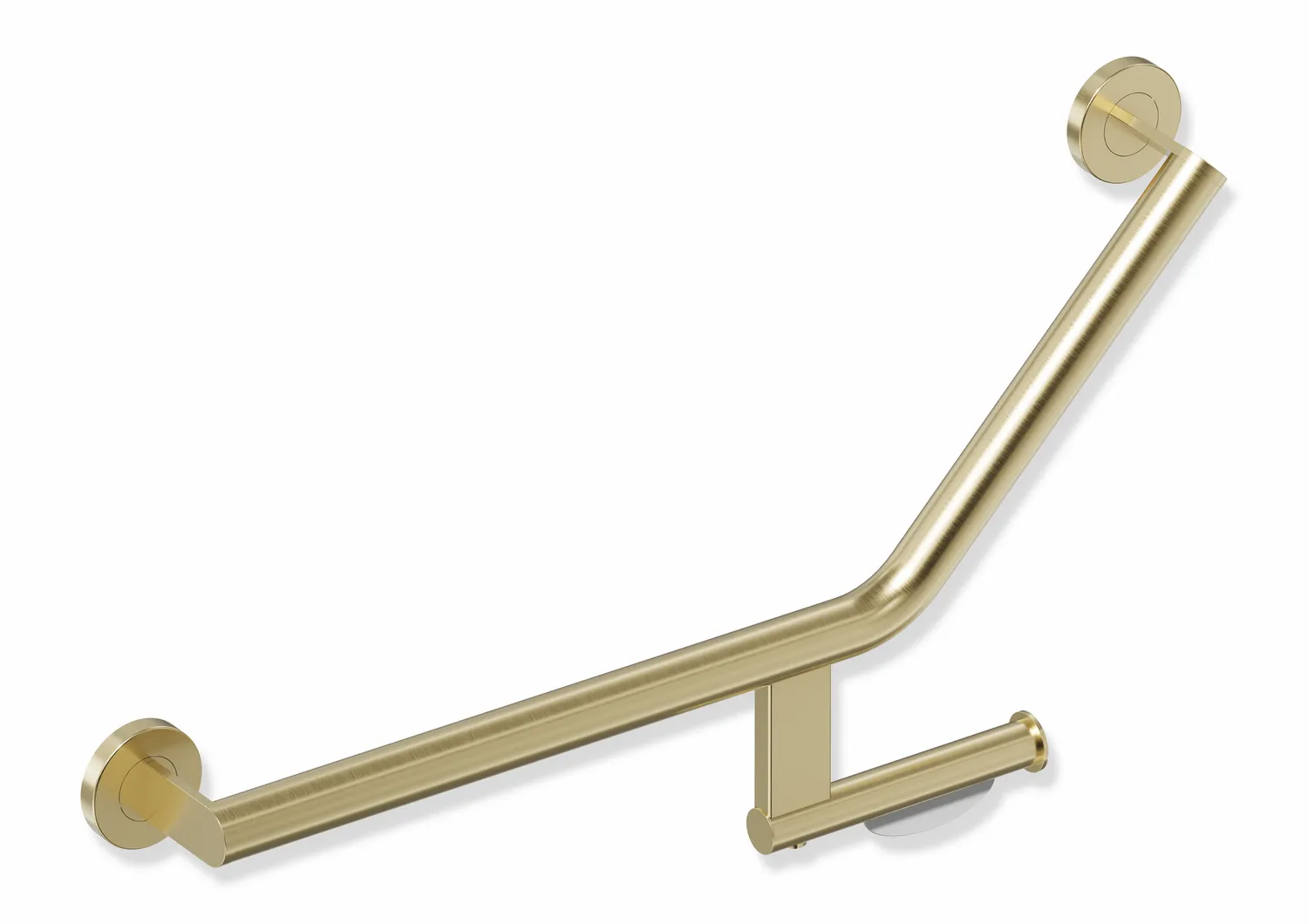Winkelgriff mit Papierrollenhalter des Systems 900, Edelstahl, PVD, Achsmaße 620 mm und 283 mm, Winkel 135°, D: 32 mm, Ausführung links, in Farbe CK (messing glänzend) Farbe: Messing gebürstet