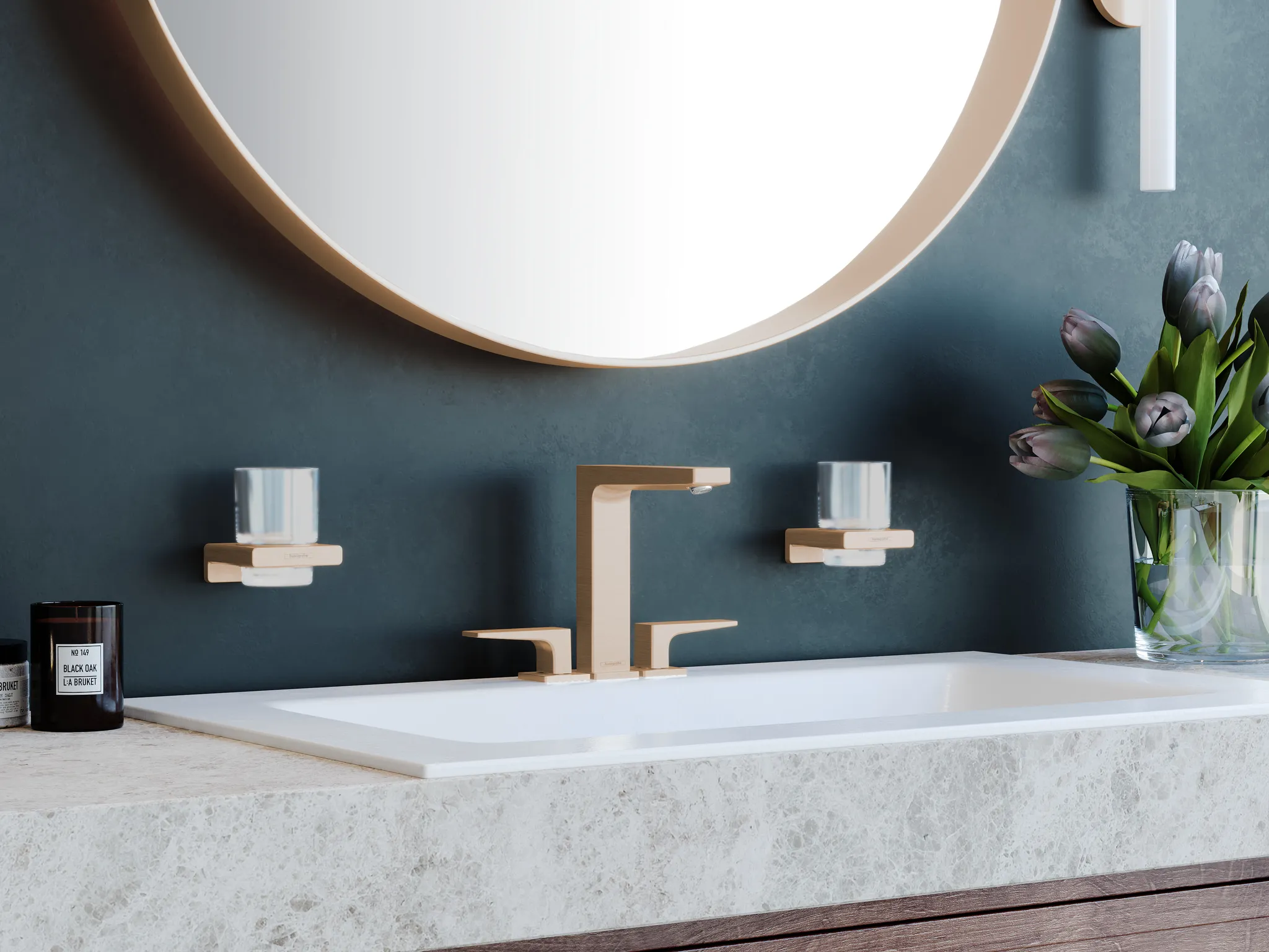 Hansgrohe Metropol 3-Loch Waschtischarmatur 160 mit Hebelgriffen und Push-Open Ablaufgarnitur in Brushed Bronze, Ausladung 152 mm, Auslaufhöhe 159 mm