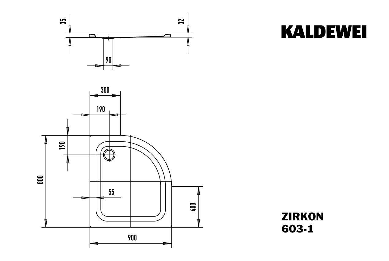 Kaldewei viertelkreis Duschwanne „Zirkon“ 90 × 80 cm in alpinweiß