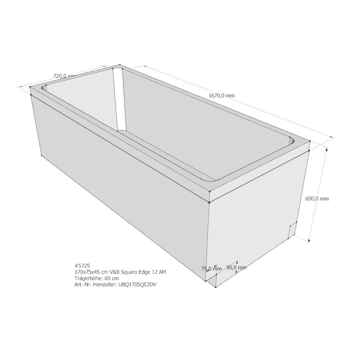 Set- Villeroy & Boch Badewanne „Squaro Edge 12“ 170 × 75 cm, Mittelablauf, Badewannenträger 170 × 75 × 45 cm, Villeroy & Boch Wasserzulauf