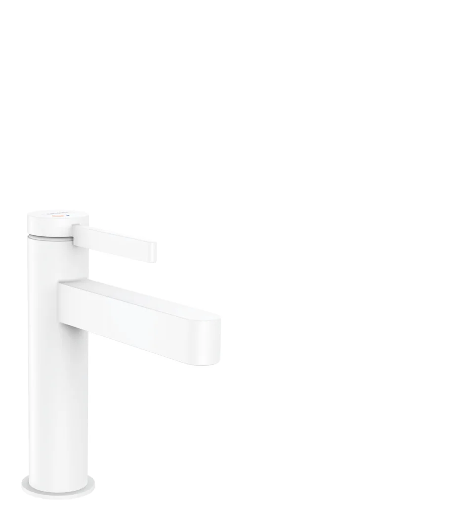 Hansgrohe Einhebel-Waschtischmischer Finoris CoolStart mattweiß, Ausladung 139 mm, Auslaufhöhe 113 mm, Laminarstrahl, max. Durchfluss 5 l/min, Keramikmischsystem, Push-Open Ablaufgarnitur G 11/4