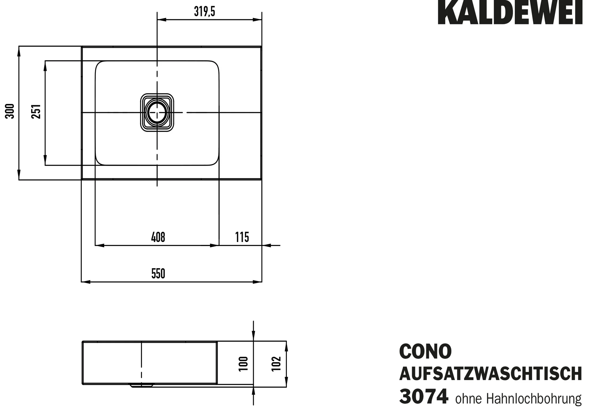 Kaldewei CONO Aufsatz-Handwaschtisch, 550x300 mm, cool grey 70, Perl-Effekt, Antidröhn, ohne Überlauf