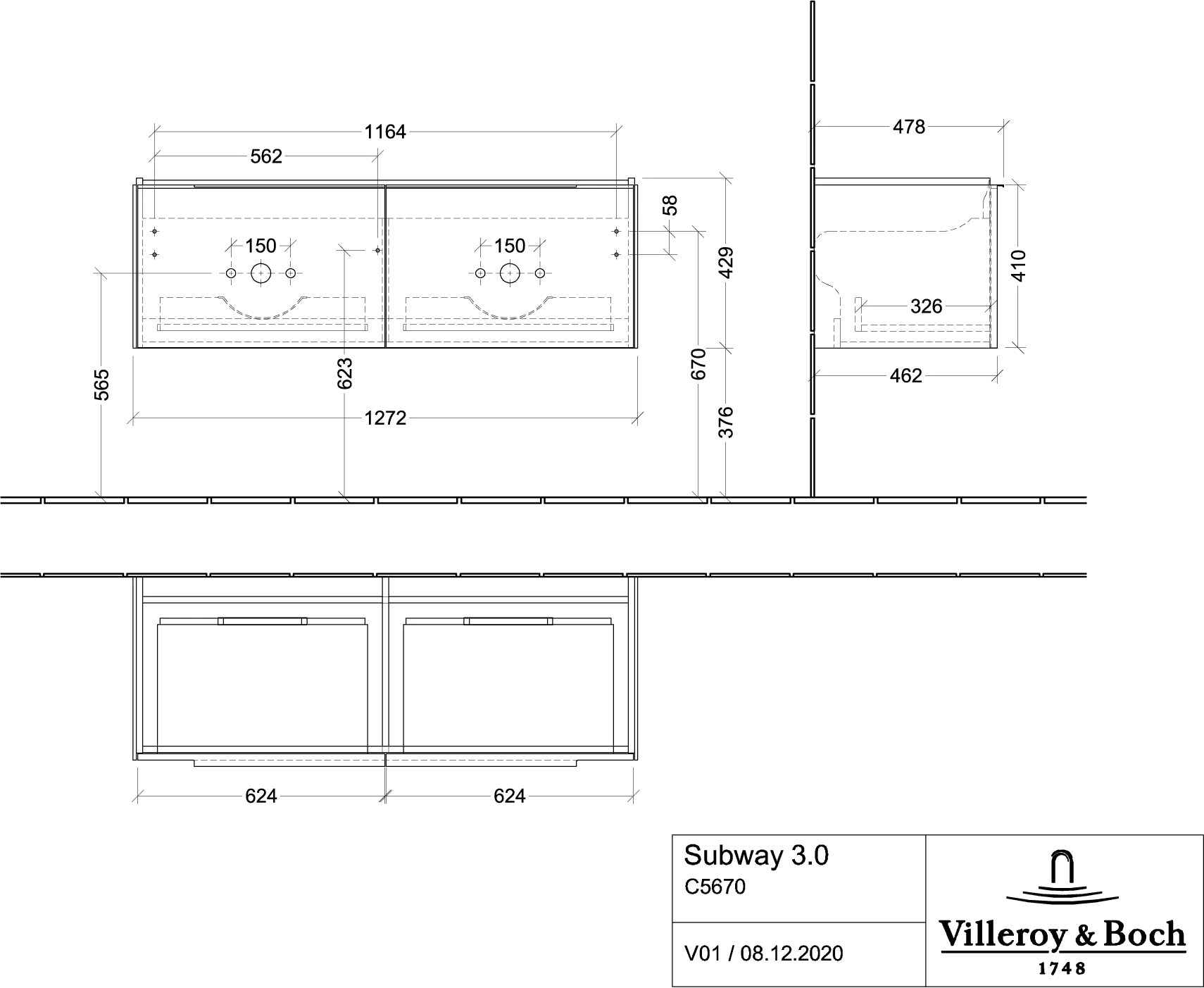 Villeroy & Boch Subway 3.0 Waschbeckenunterschrank, 1272 x 429 x 478 mm, Volcano Black Villeroy & Boch Subway 3.0 Waschbeckenunterschrank, 1272 x 429 x 478 mm, Volcano Black