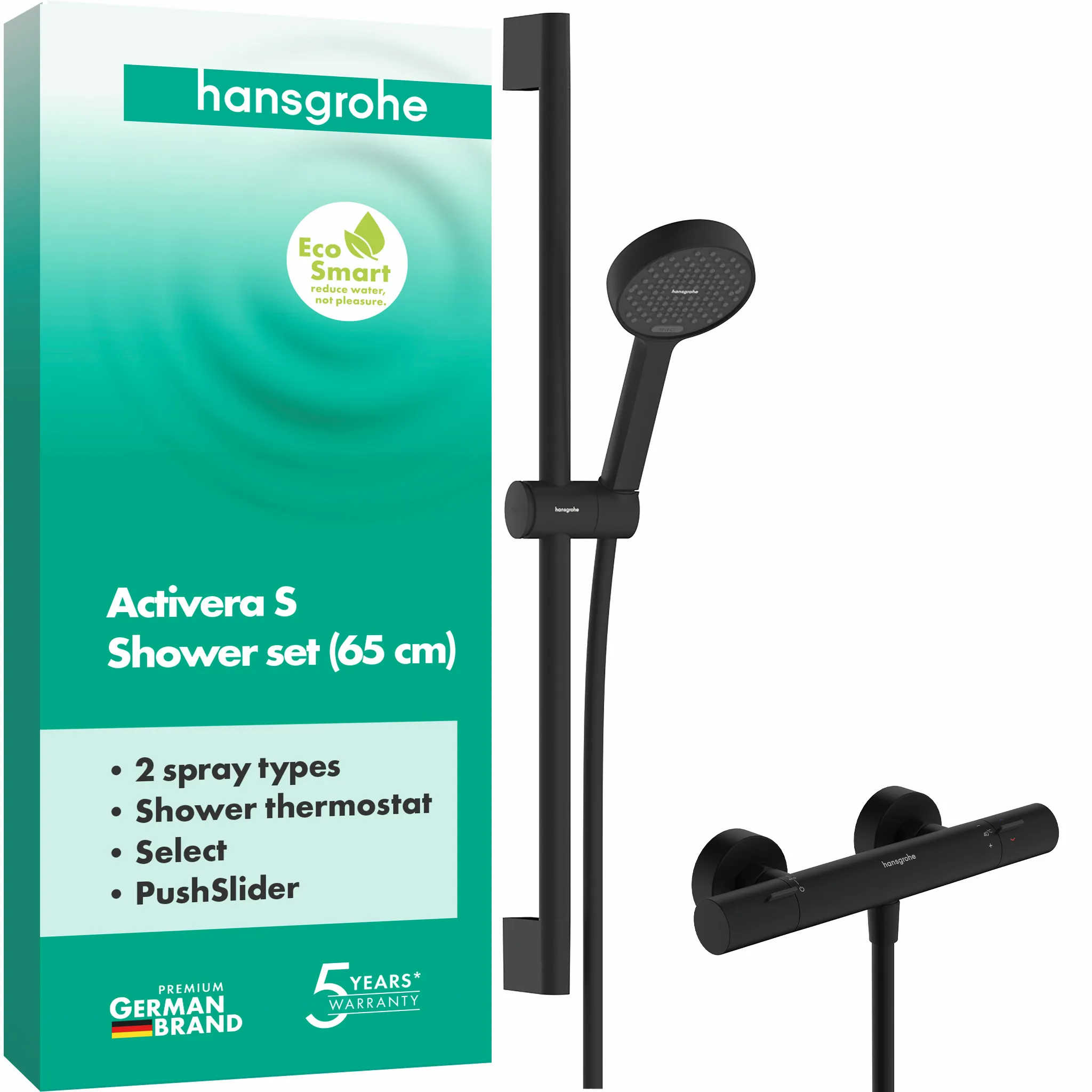 Hansgrohe Activera Select S Brausesystem Aufputz, 95 mm Brausekopf, Mattschwarz, 65 cm Brausestange