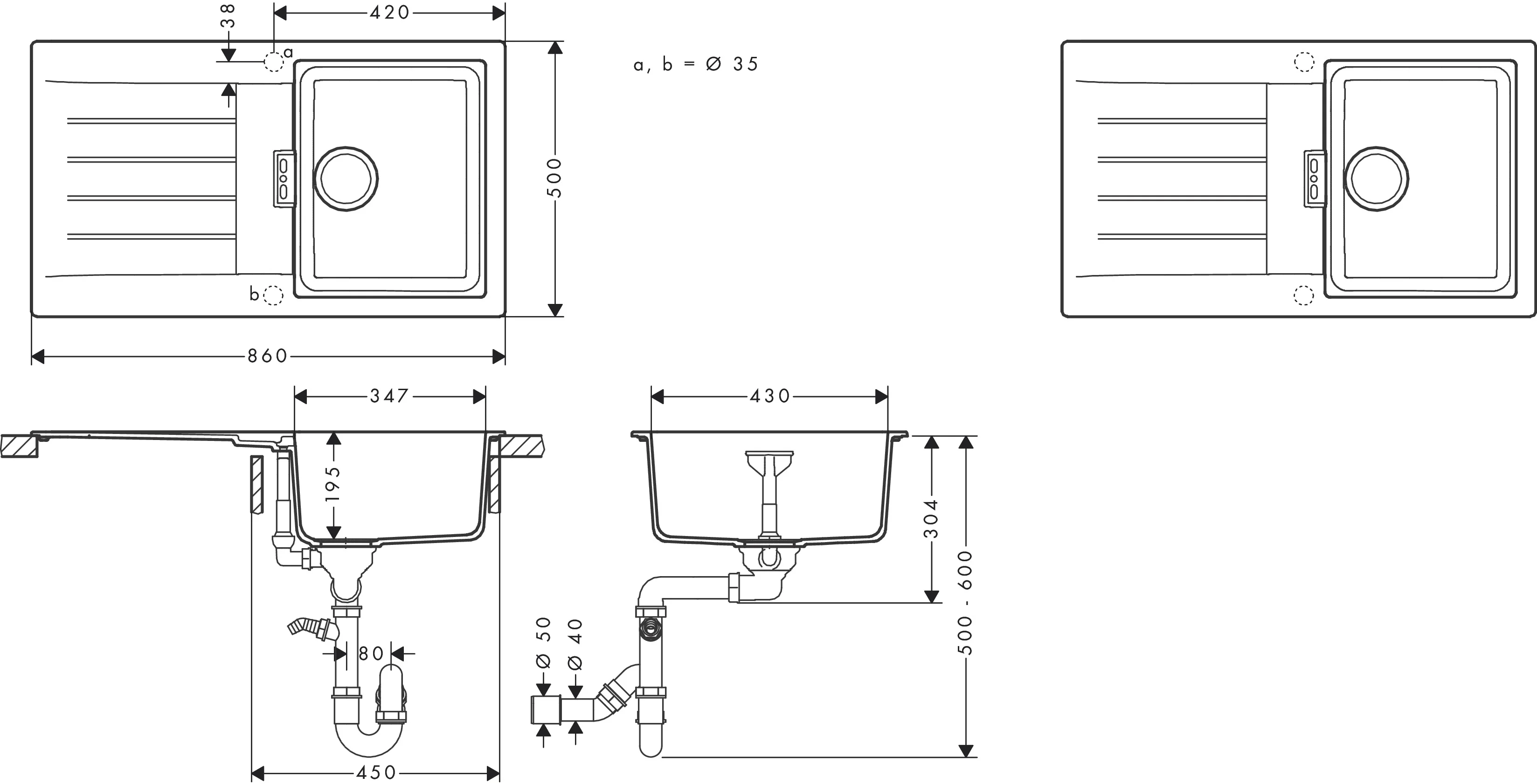 Hansgrohe S52 Einbauspüle SilicaTec Steingrau, 840 x 480 mm, reversibel, mit automatischer Ablaufgarnitur und Abtropffläche