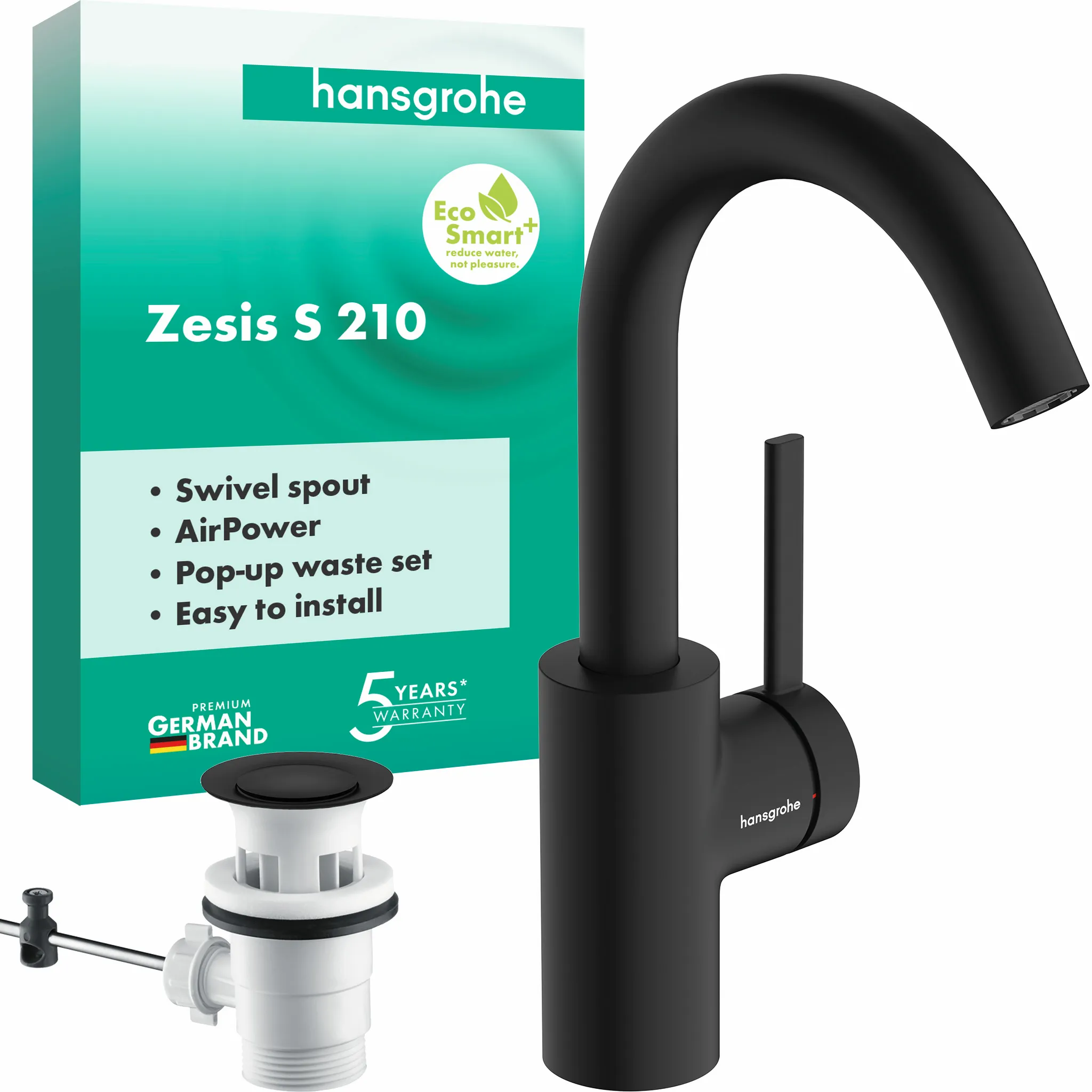 Zesis S Einhebel-Waschtischmischer 210 CoolStart mit Schwenkauslauf und Zugstangen-Ablaufgarnitur, Chrom