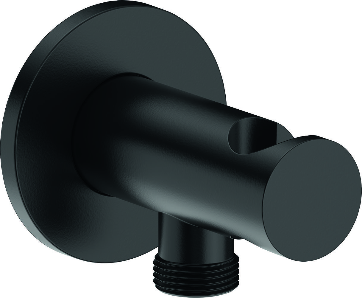 Wandanschlussbogen mit Brausehalter, rund, schwarz matt Sonderangebot Wandanschlussbogen mit Brausehalter, rund, schwarz matt Sonderangebot