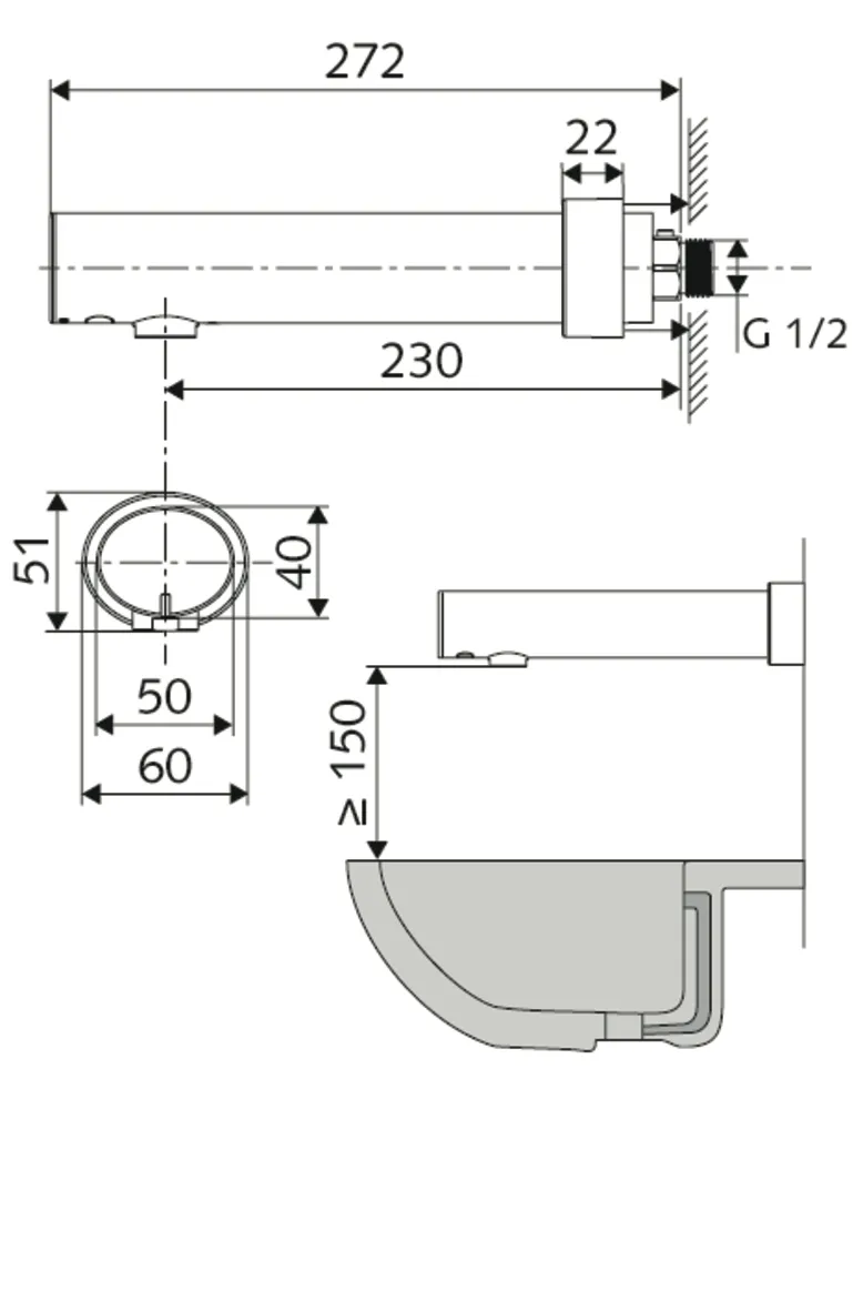 Aufputz-Waschtisch-Armatur MODUS E, HD-K - Hochdruck Kaltwasser / vorgemischtes Wasser, Infrarot-Sensor-Wandauslauf-Armatur, Vorabsperrung, Batteriefach, G 1/2 AG, Ausladung bis Mitte Strahlregler: 230 mm, chrom