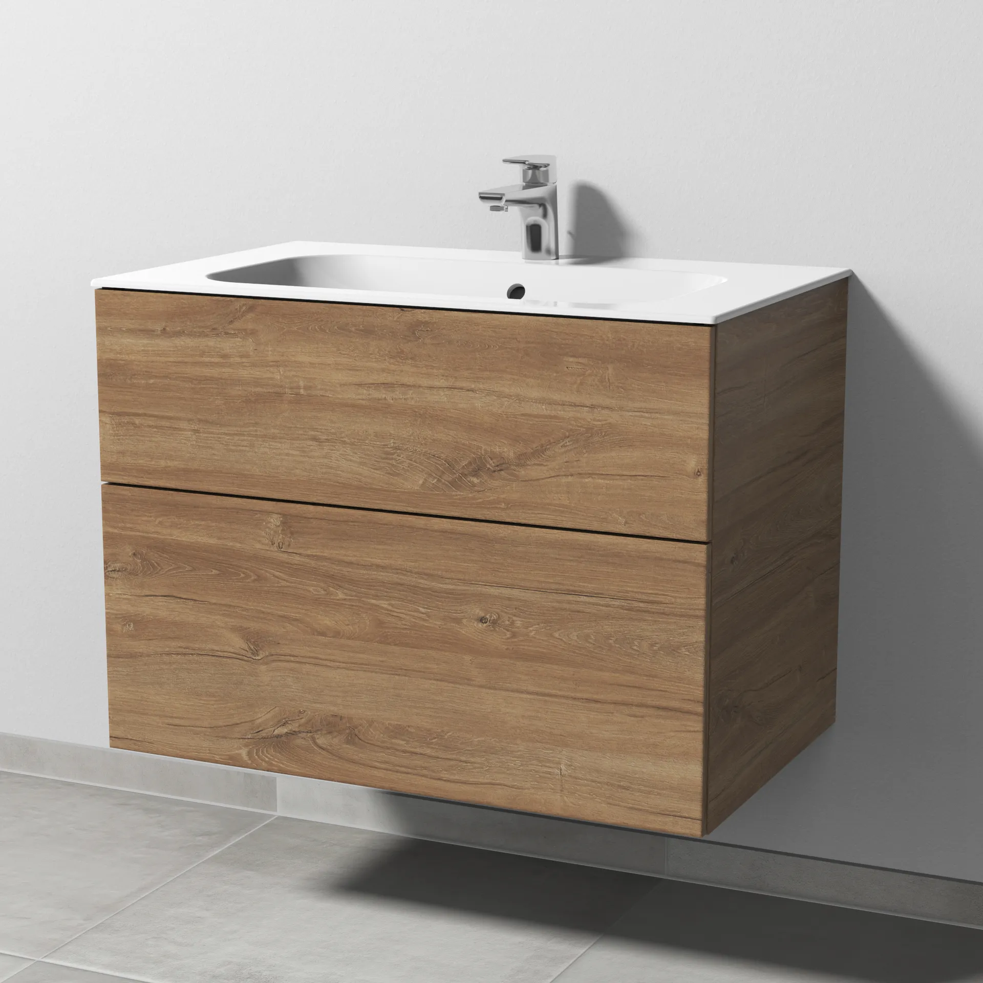 Sanipa Keramik-Waschtisch-Set mit Waschtischunterschrank „3way“ 79 × 49,7 × 58,2 cm in Eiche Kansas, mittig