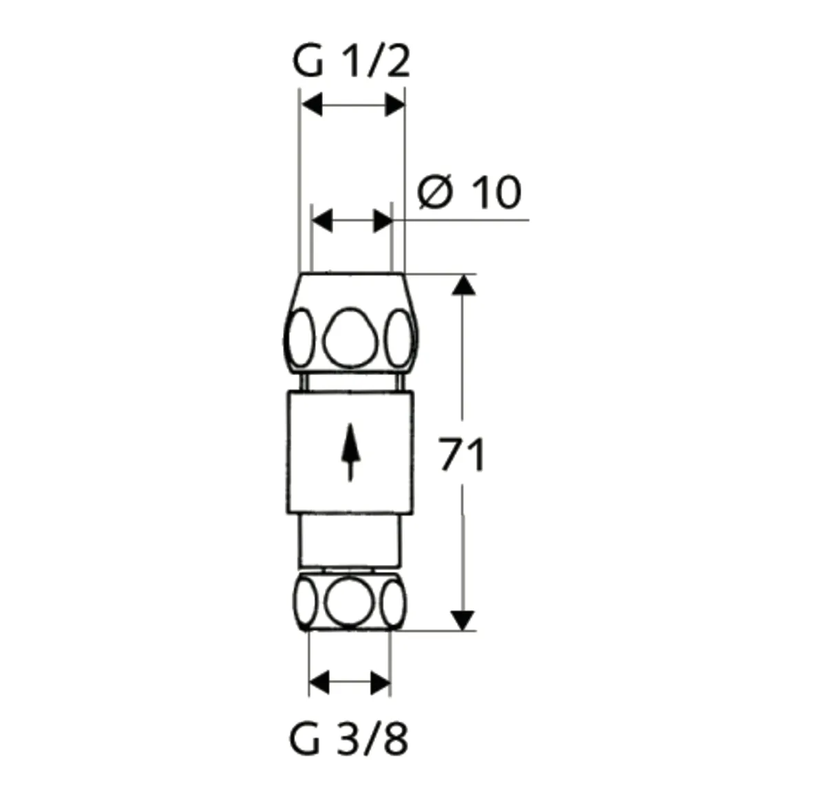 Einfach-Rückflussverhinderer, Durchflussform von unten nach oben, Überwurfmutter DN 10 G 3/8 IG, Ø 10 mm (DN 10 G 1/2 AG), chrom