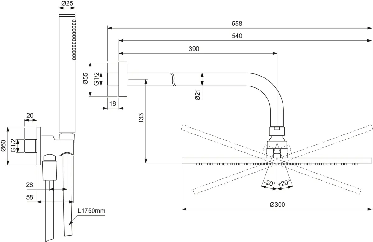 Armaturen-Paket Idealrain Brushed Gold, Wandanschluss, Kopfbrause, Stabhandbrause, Wandanschlussbogen Unterputz Armaturen-Paket Idealrain Brushed Gold, Wandanschluss, Kopfbrause, Stabhandbrause, Wandanschlussbogen Unterputz