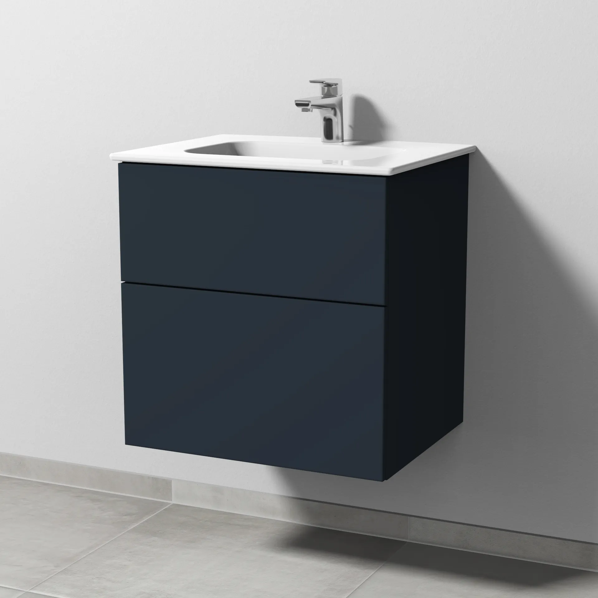 Keramik-Waschtisch-Set mit Waschtischunterschrank „3way“ 57 × 46 × 58,2 cm in Marine (matt), mit Hahnlochbohrung, Becken mittig Keramik-Waschtisch-Set mit Waschtischunterschrank „3way“ 57 × 46 × 58,2 cm in Marine (matt), mit Hahnlochbohrung, Becken mittig