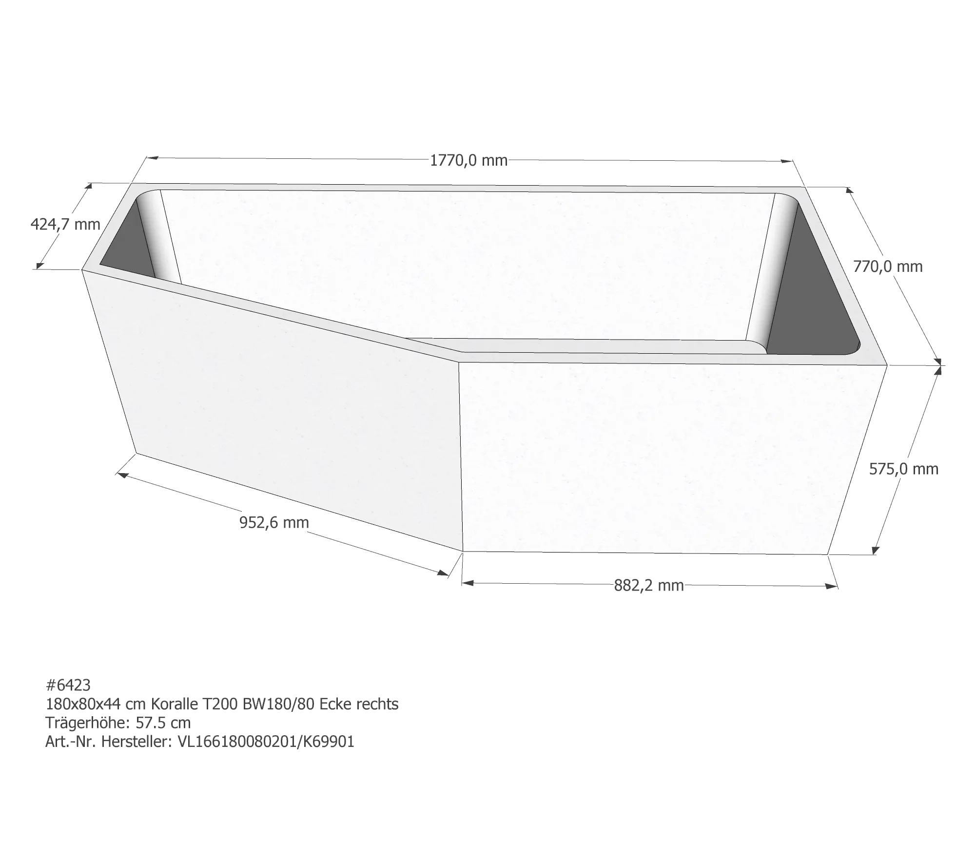 Badewannenträger passend für Koralle T200 BW 180/80 rechts 180 × 80 × 44 cm