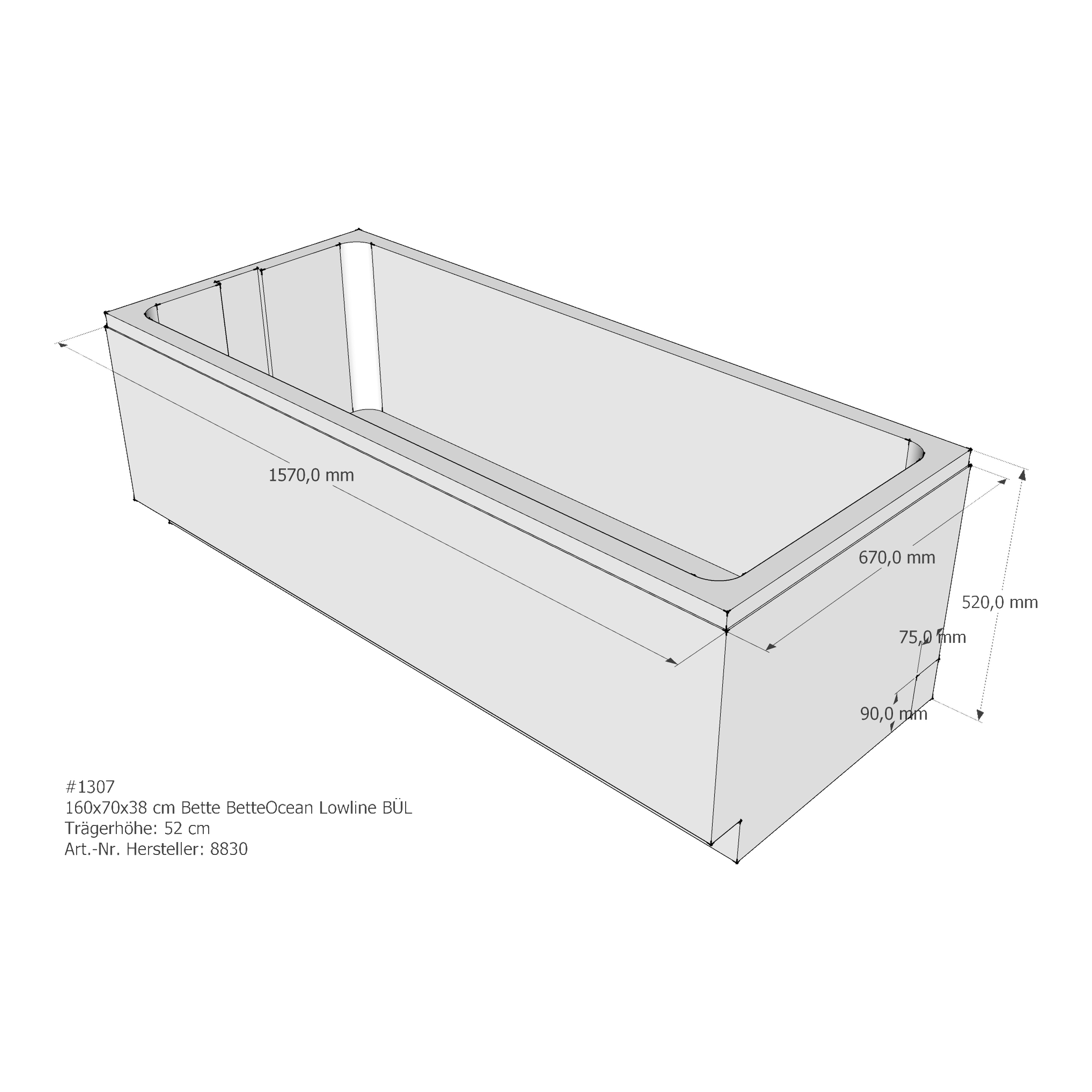 Badewannenträger für Bette Ocean Lowline 160 × 70 × 38 cm Ab- und Überlaufposition: hinten / Breite: 70 cm / Länge: 160 cm Badewannenträger für Bette Ocean Lowline 160 × 70 × 38 cm Ab- und Überlaufposition: hinten / Breite: 70 cm / Länge: 160 cm