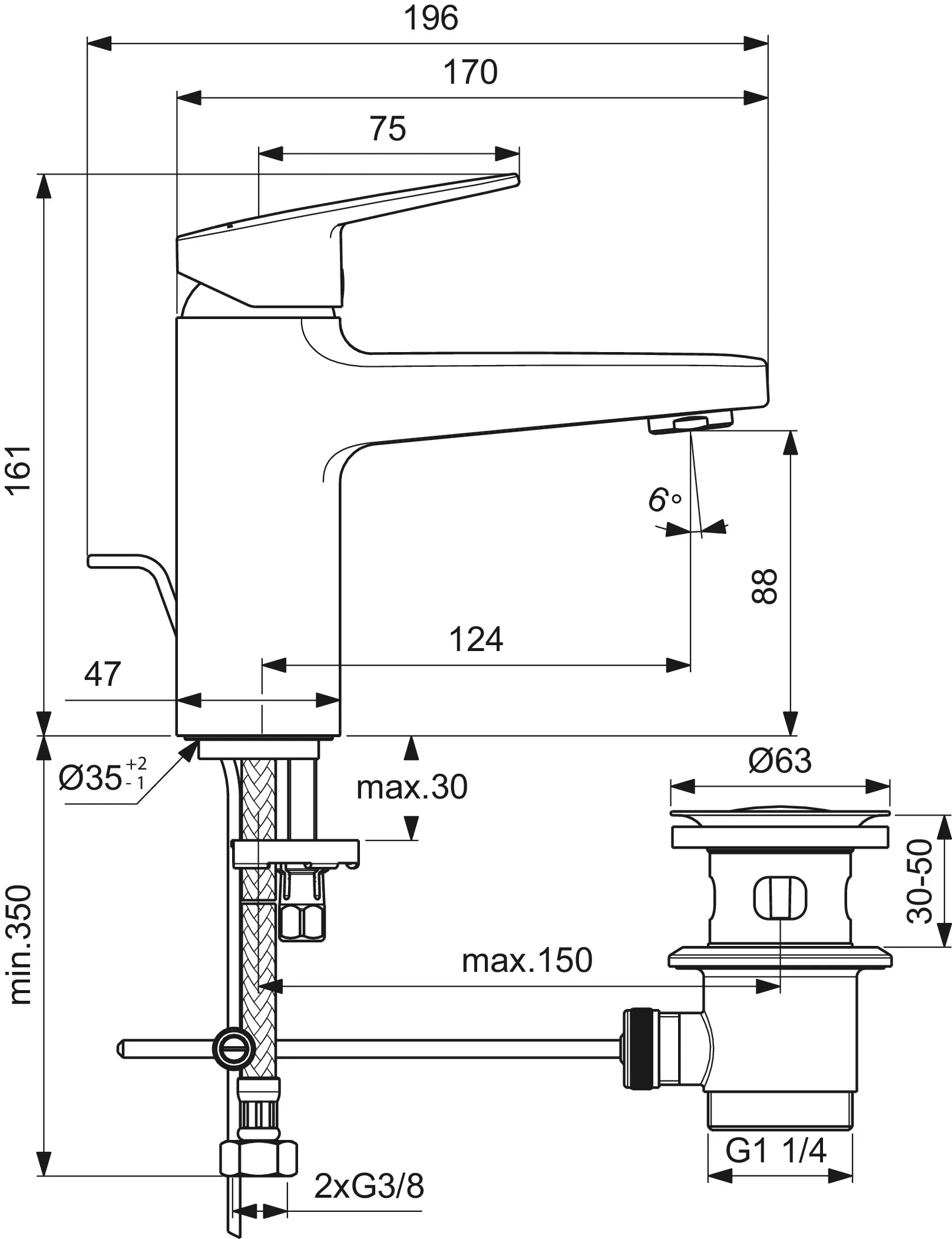 Waschtischarmatur Ceraplan H90 mit Ablaufgarnitur Ausladung 124mm Easyfix+ Chrom