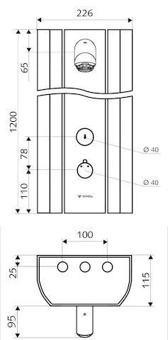 Duschpaneel LINUS DP-SC-T, Mischwasser, Thermostat, Selbstschluss, 2 RFV, 2 Vorfilter, Duschkopf Aerosolarm, 2x DN 15 G 1/2 AG, B 226 mm x H 1200 mm x T 115 mm, Aluminium gebürstet, eloxiert
