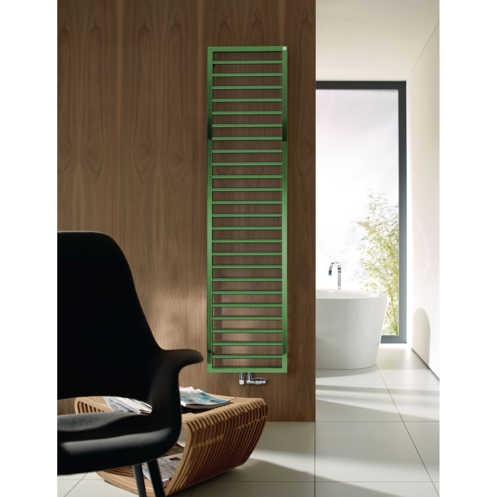 Zehnder Design-Heizkörper „Subway“ für Warmwasser-Zentralheizung oder gemischten Betrieb mit 50 mm-Mittelanschluss 60 × 97,3 cm in Reseda Green (RAL 6011)