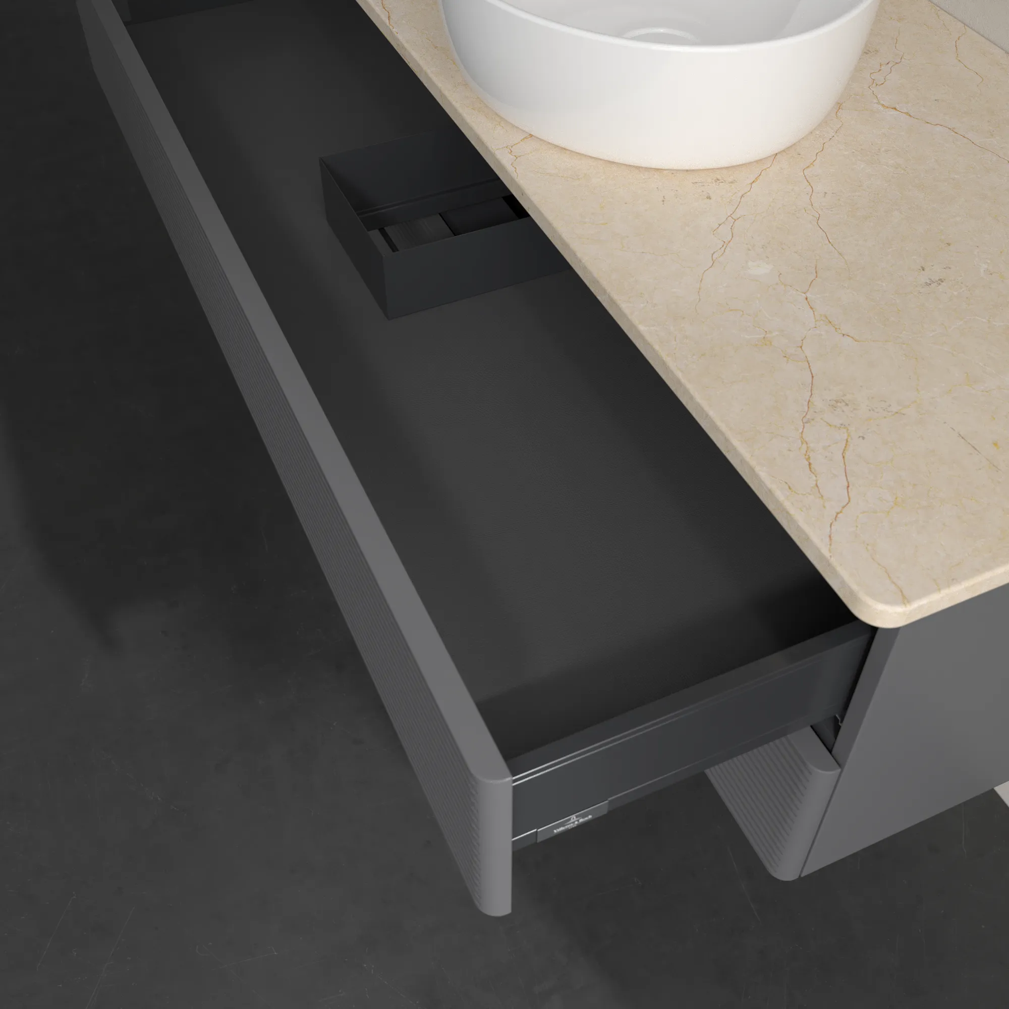Villeroy & Boch Waschtischunterschrank „Antao“ 1200 × 360 × 500 mm Anthracite Matt Lacquer, für Becken mittig, ohne Beleuchtung Villeroy & Boch Waschtischunterschrank „Antao“ 1200 × 360 × 500 mm Anthracite Matt Lacquer, für Becken mittig, ohne Beleuchtung