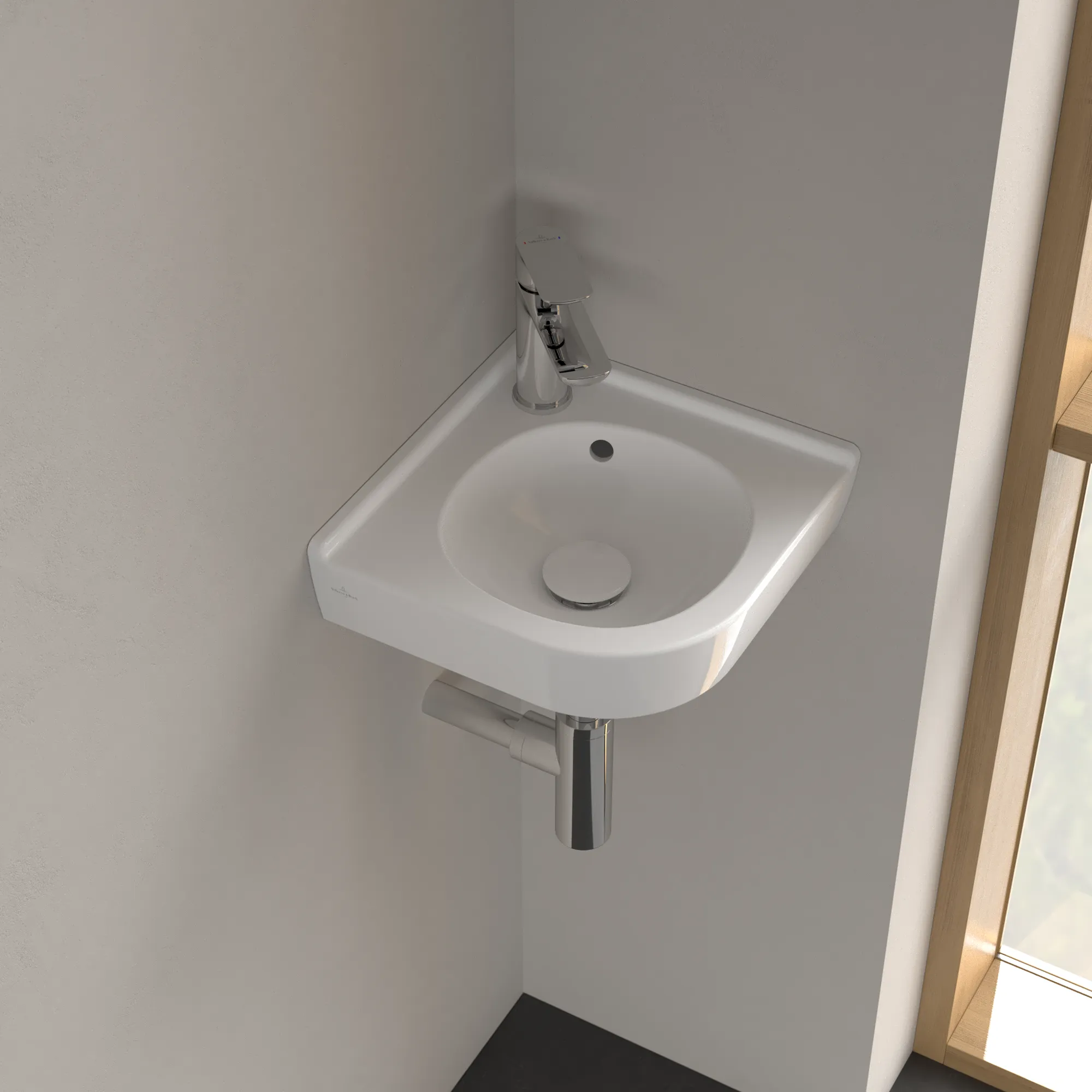 Villeroy & Boch Eck-Handwaschbecken „O.novo“ 400 × 320 × 145 mm, für Becken mittig, mit Hahnlochbohrung, Hahnlochposition mittig in Weiß Alpin Villeroy & Boch Eck-Handwaschbecken „O.novo“ 400 × 320 × 145 mm, für Becken mittig, mit Hahnlochbohrung, Hahnlochposition mittig in Weiß Alpin