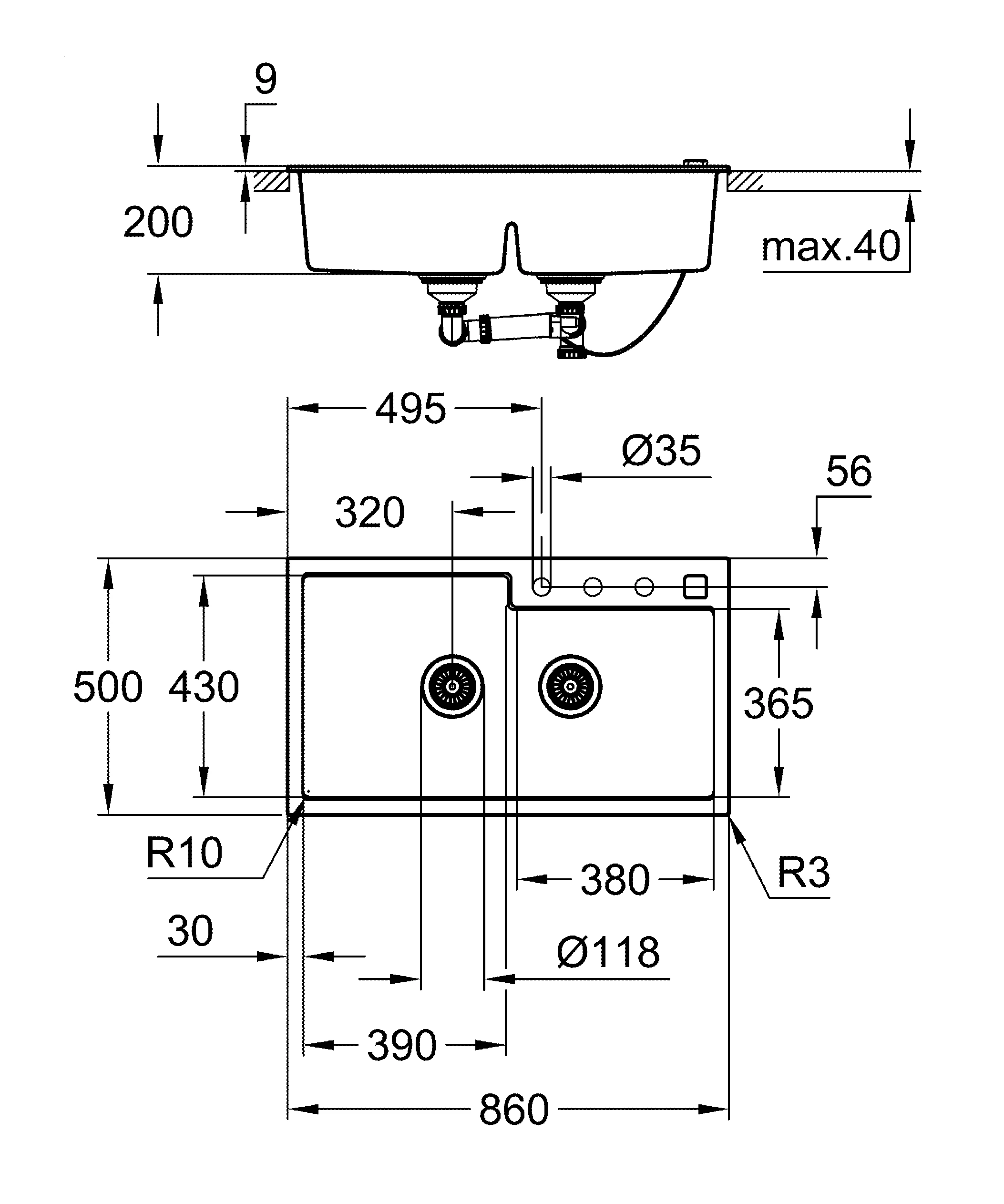 Kompositspüle K500 31649, Modell: K500 90-C 86/50 2.0 rev, Montageart: Standard-Einbauspüle, Maße: 860 x 500 mm, 1 Becken: 390 x 430 x 200 mm, 2 Becken: 380 x 365 x 200 mm, granit schwarz