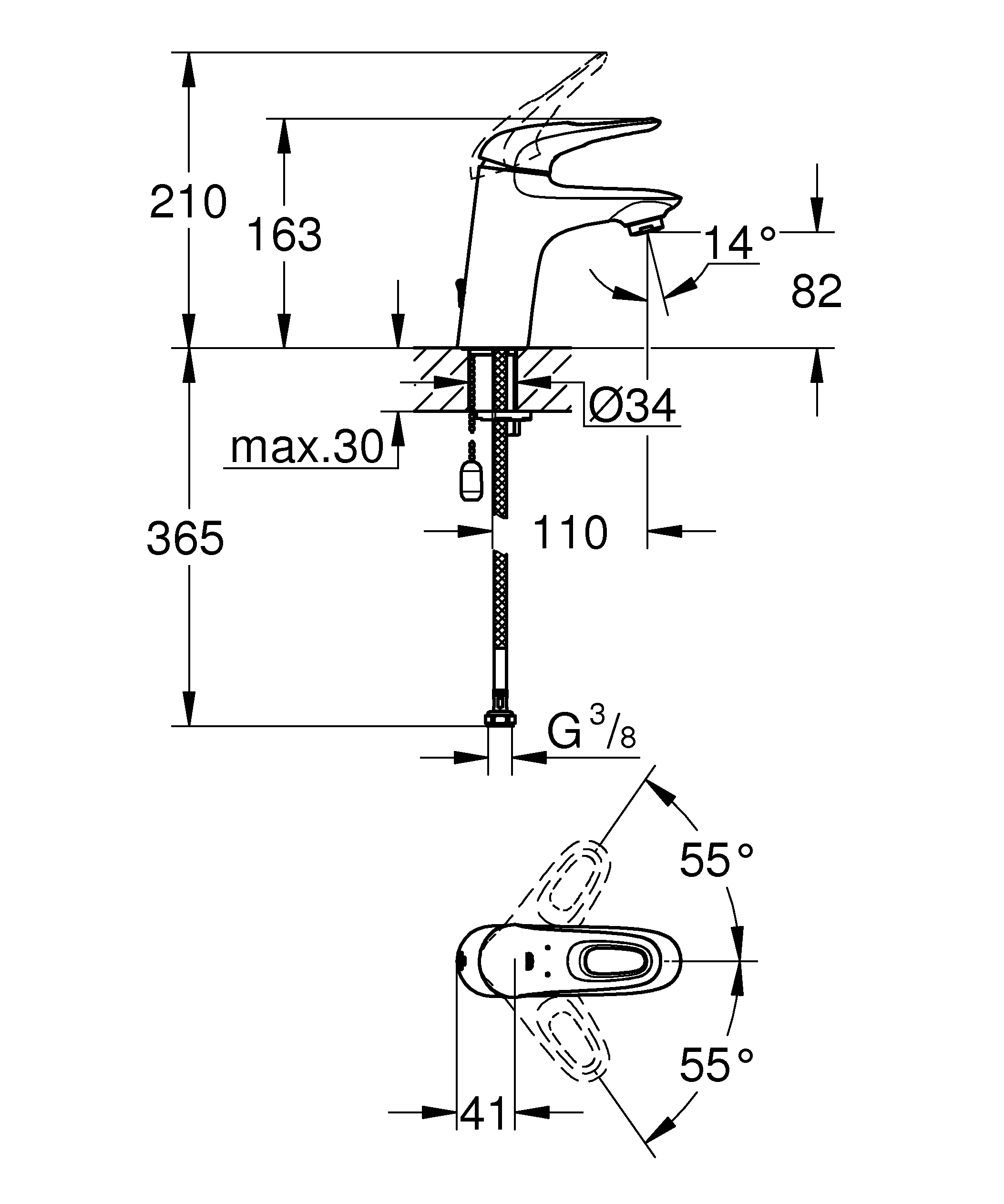 Einhand-Waschtischbatterie Eurostyle 33557_3, S-Size, Einlochmontage, offener Metall-Hebelgriff, versenkbare Kette, chrom