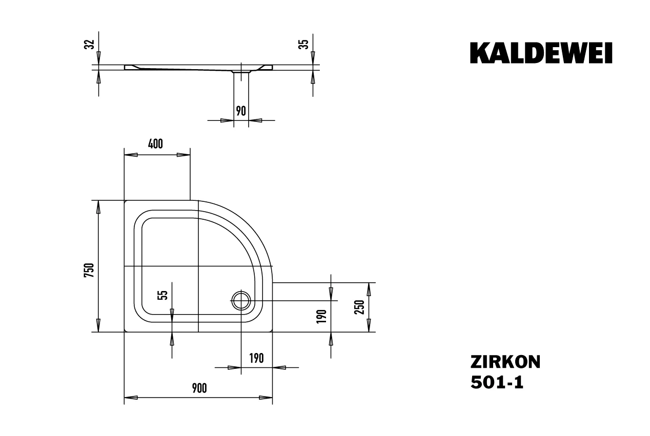 Kaldewei ZIRKON Duschfläche, alpinweiß, 900x750 mm, Viertelkreisform, erhöhter Einbau, 35 mm tief