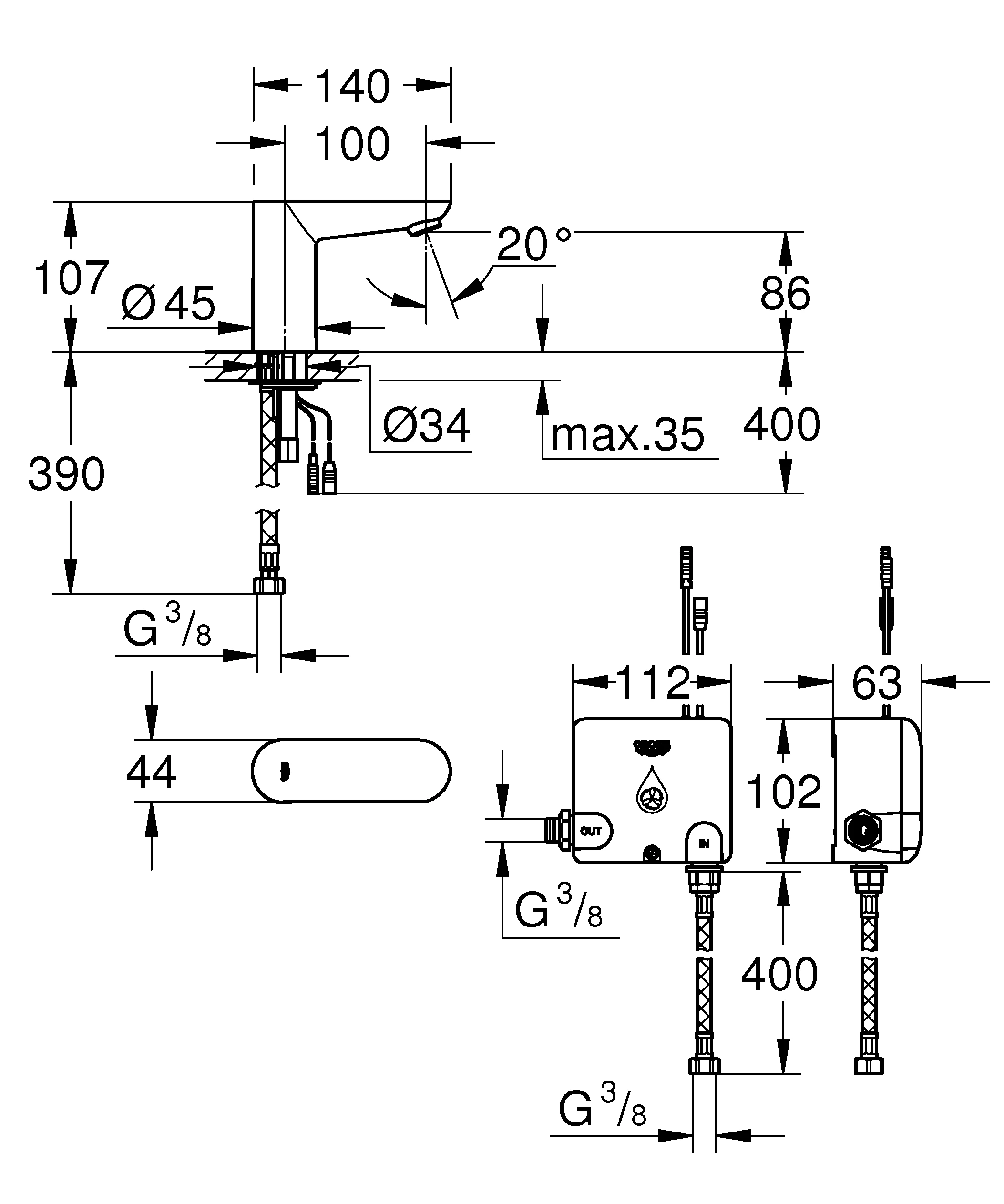 Infrarot-Elektronik für Waschtisch Powerbox Euroeco CE 36384, DN 15, ohne Mischung, chrom