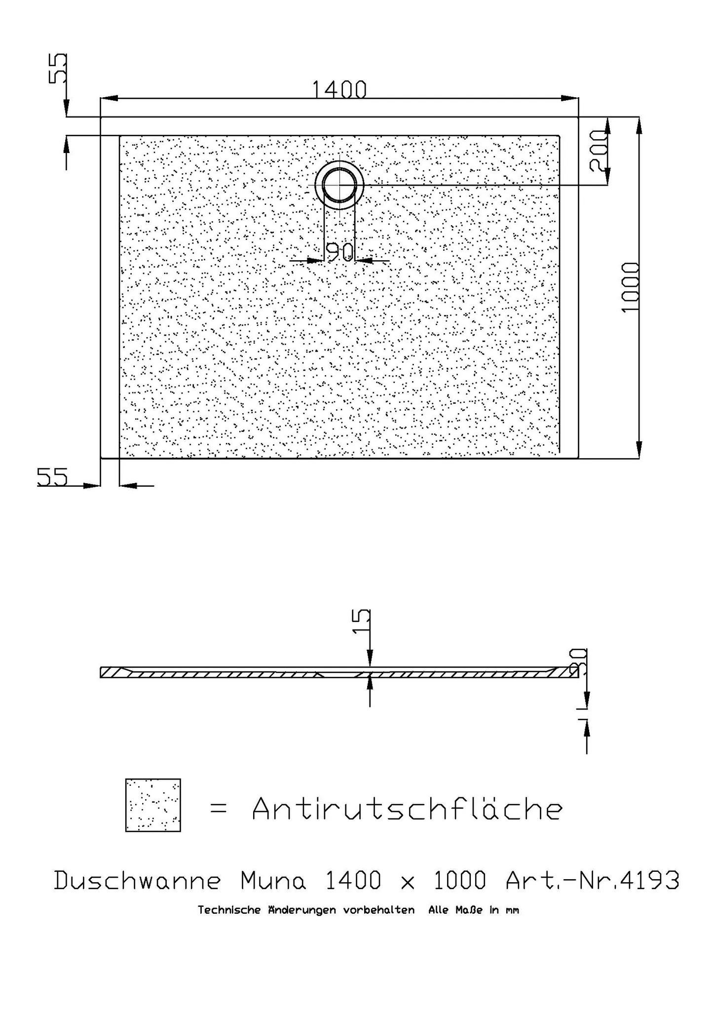 Hoesch Muna Duschwanne 1400x1000x30 mit Antirutsch, Material Solique, Weiß