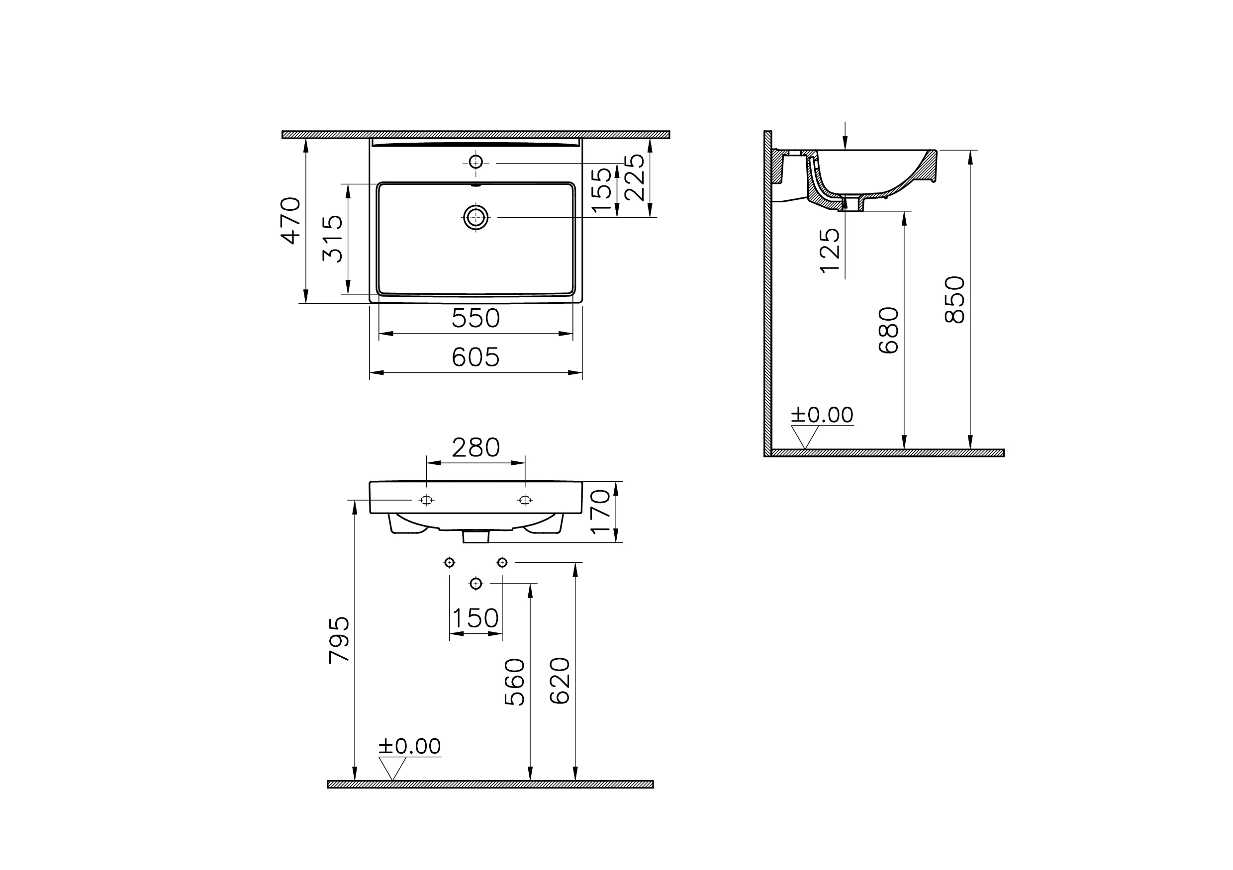 New Integra Square Waschtisch unterbaufähig mit Hahnloch mittig 60 x 47 x 17 cm (BxTxH) Weiß Hochglanz mit Oberflächenveredelung Clean