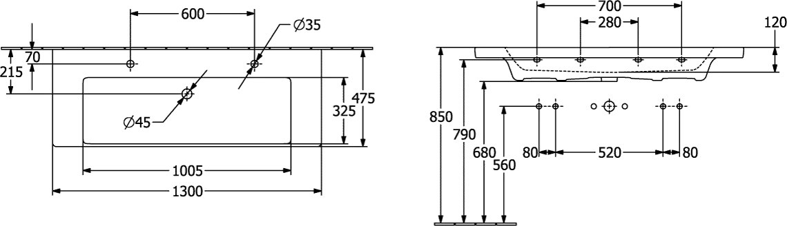 Wandwaschtisch aus TitanCeram „Subway 3.0“ 130 × 47,5 × 17 × 17 cm, Hahnlochposition links und rechts, ohne Hahnlochbohrung