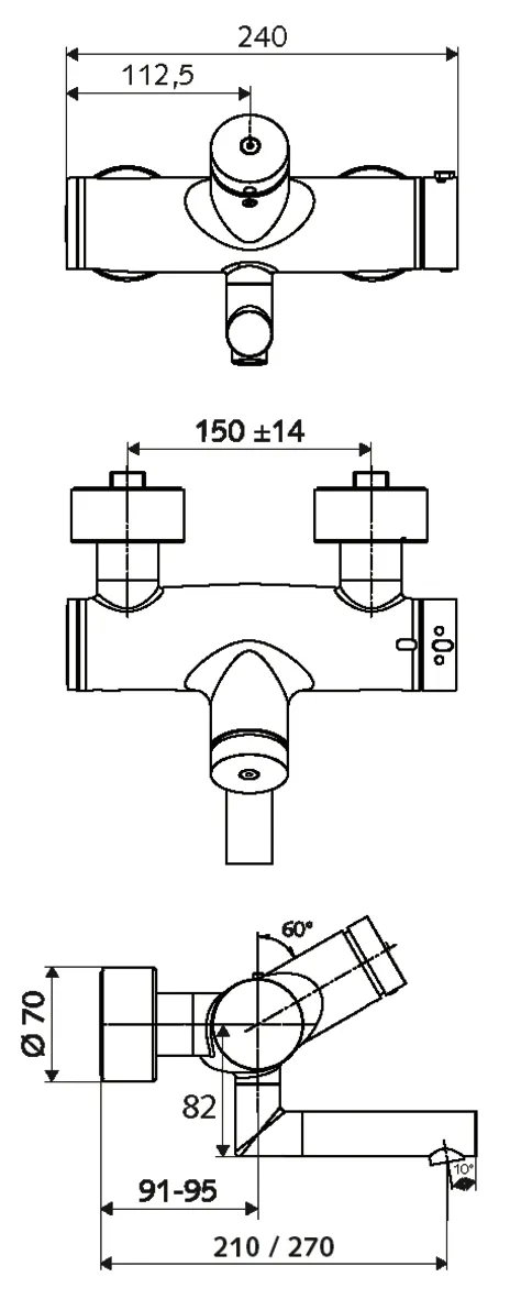 Aufputz-Waschtisch-Armatur VITUS VW-SC-T, Mischwasser, Thermostat, Selbstschluss, 2 RFV, Thermische Desinfektion, 2x DN 15 G 1/2 AG, Ausladung bis Mitte Strahlregler: 270 mm, chrom