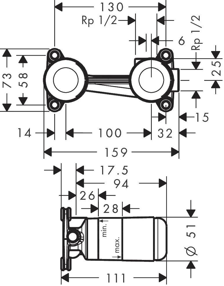 Hansgrohe 2-Loch Waschtischarmatur Grundkörper Unterputz DN15, variable Positionierung links/rechts, Einbautiefe 44–72 mm