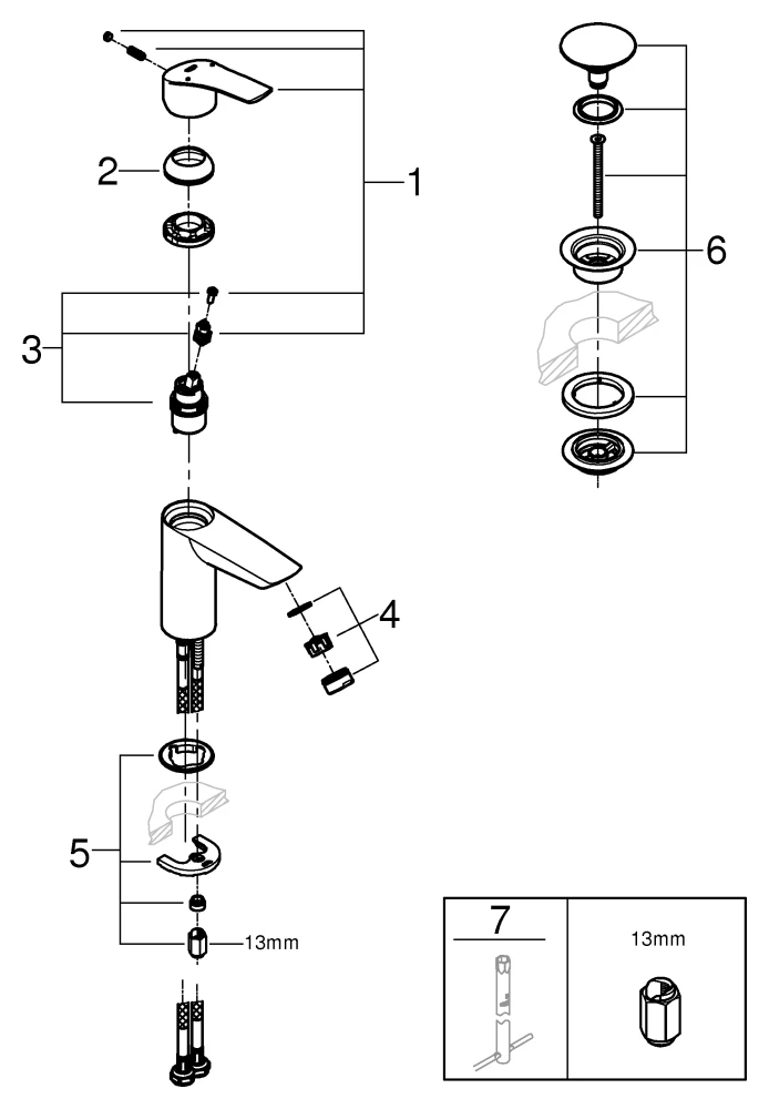 Einhand-Waschtischbatterie Eurosmart 23922_3, S-Size, Einlochmontage, Temperaturbegrenzer, glatter Körper mit Push-open Ablaufgarnitur, chrom