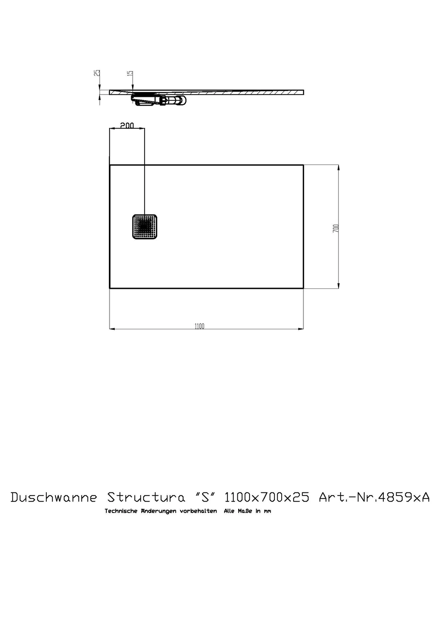 Duschwanne Structura ″S″ 1100x700x25 in gesoftete Schieferoptik, mit Antirutsch B, Material Solique, Weiß