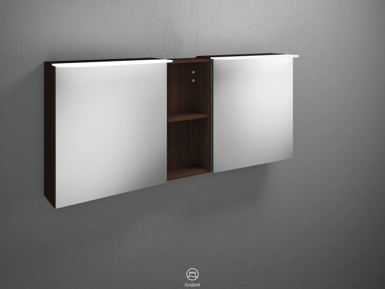Badu Spiegelschrank SFTY150 von burgbad – 310 mm tief, 1.500 mm breit, 665 mm hoch, beidseitig verspiegelt mit LED-Aufsatzleuchten und Regal