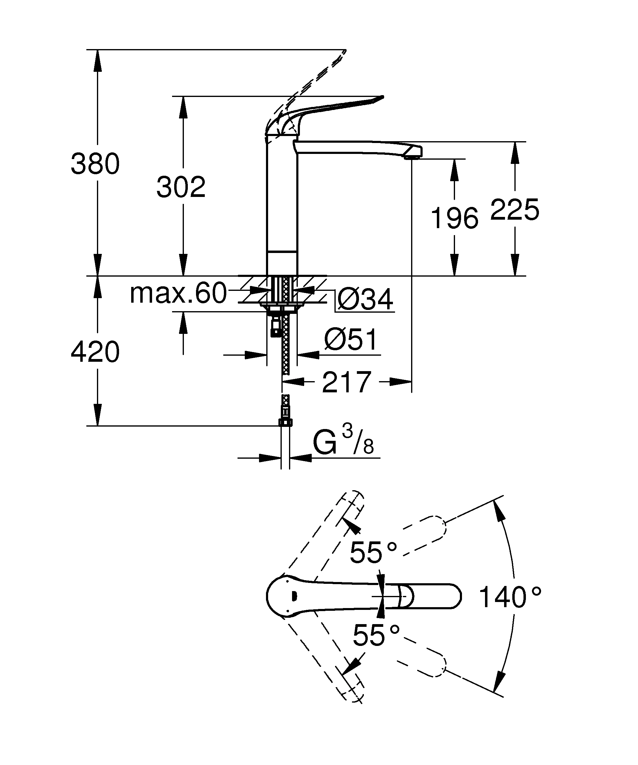 Einhand-Waschtischbatterie Euroeco Special 30208, hoher Auslauf, Einlochmontage, glatter Körper, Hebellänge 170 mm, chrom