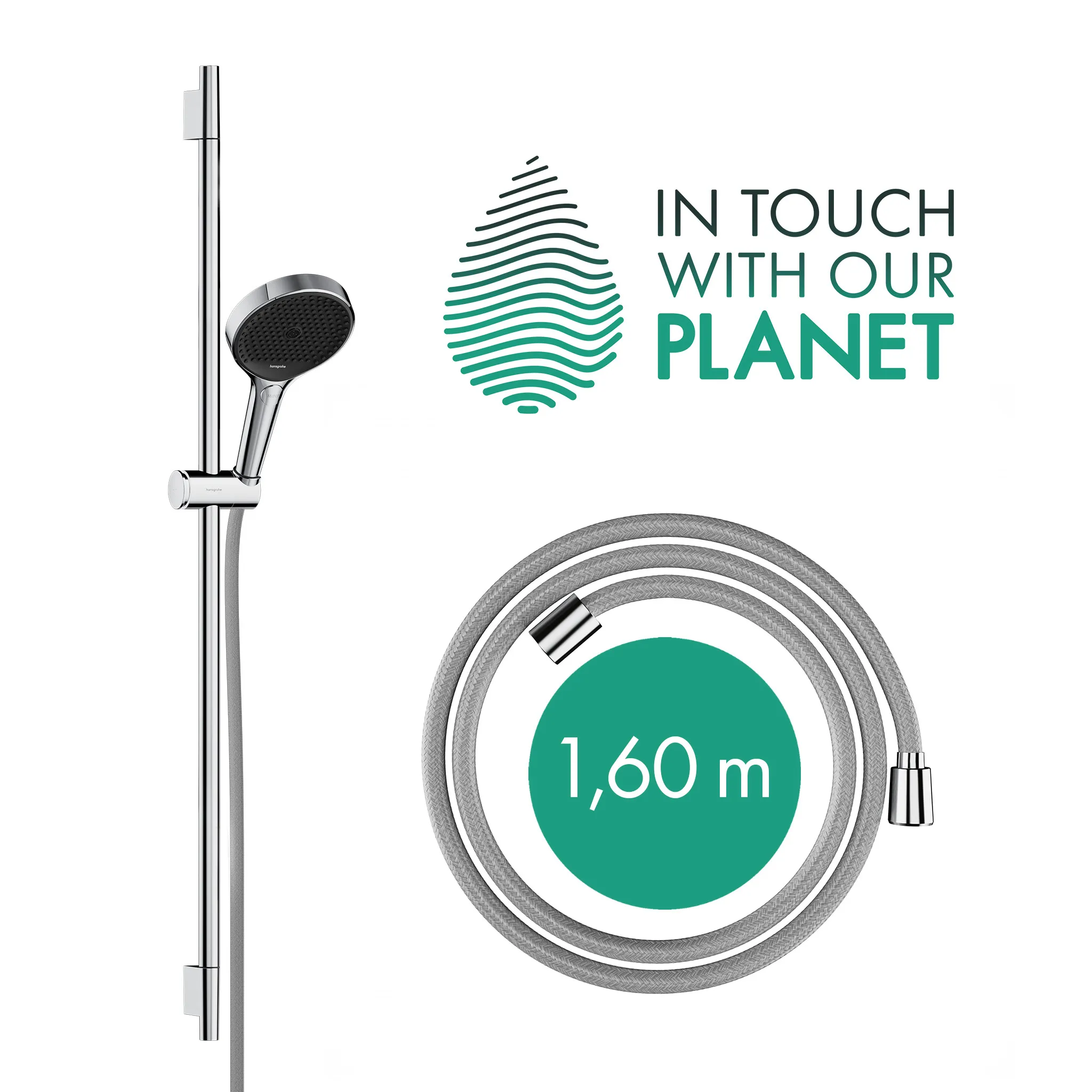 Rainfinity Brauseset 130 3jet EcoSmart mit Brausestange S Puro 90 cm, Push-Handbrausehalterung und Designflex Textilbrauseschlauch 160 cm Chrom