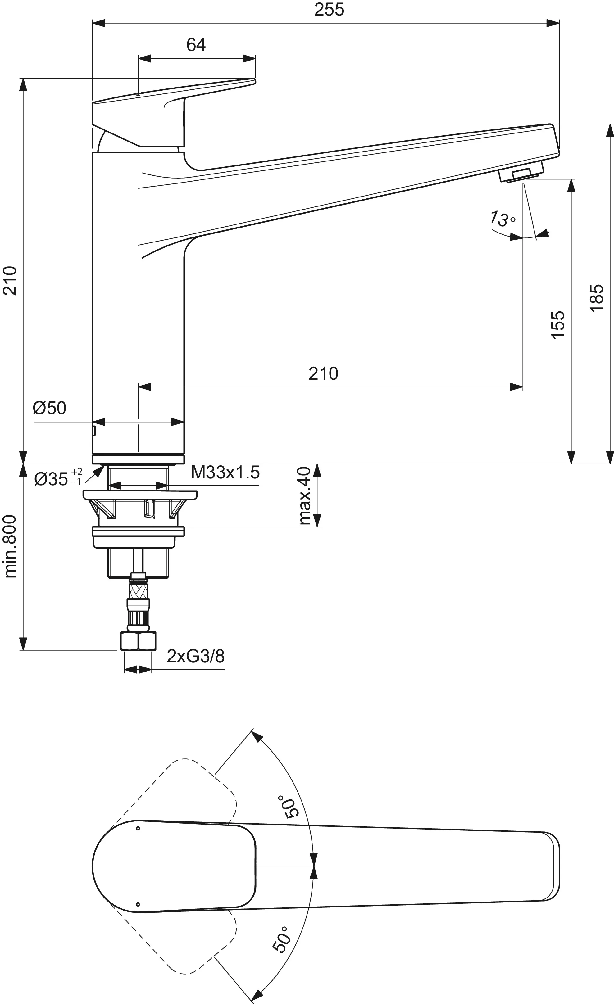 Küchenarmatur Ceraplan mit hohem Auslauf Ausladung 210mm Vorfenstermontage Chrom