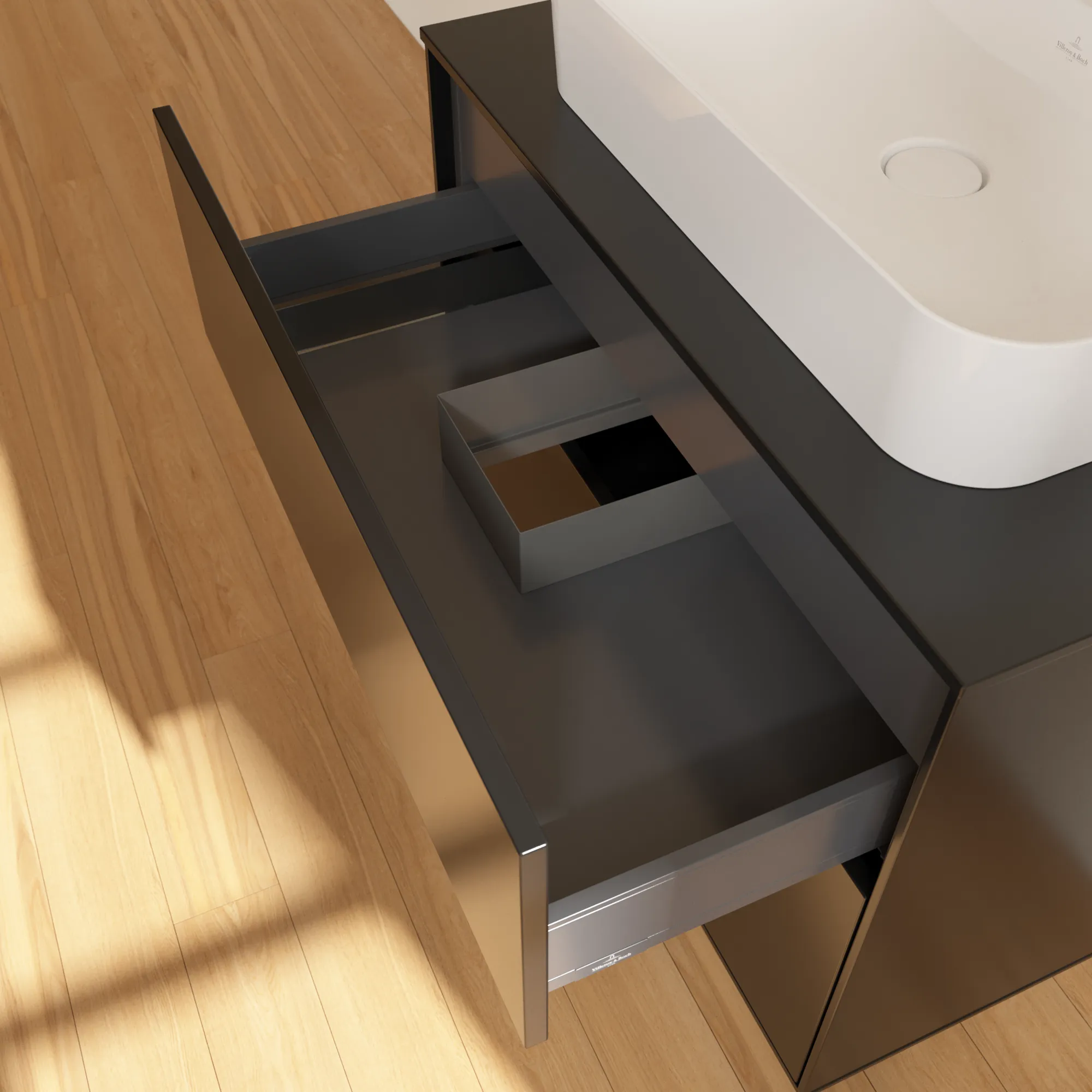 Villeroy & Boch Finion Waschbeckenunterschrank F34, 800x603x501mm, Black Matt Lacquer / Glass Black Matt