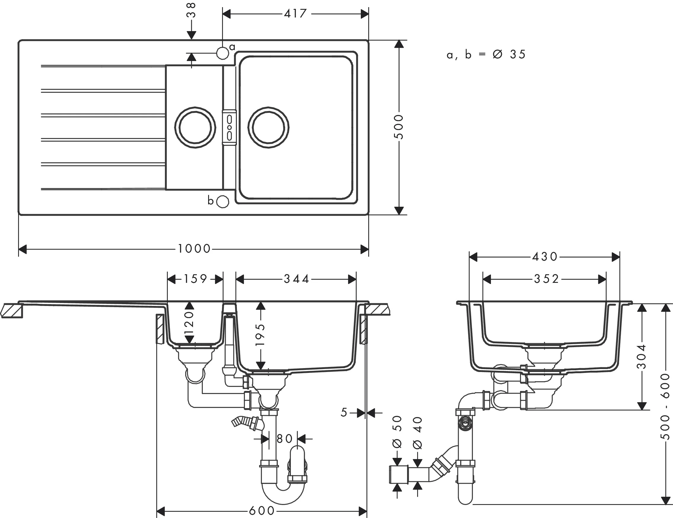 Hansgrohe Einbauspüle S520-F530 Steingrau, 980 x 480 mm, reversibel mit Abtropffläche und automatischer Ablaufgarnitur