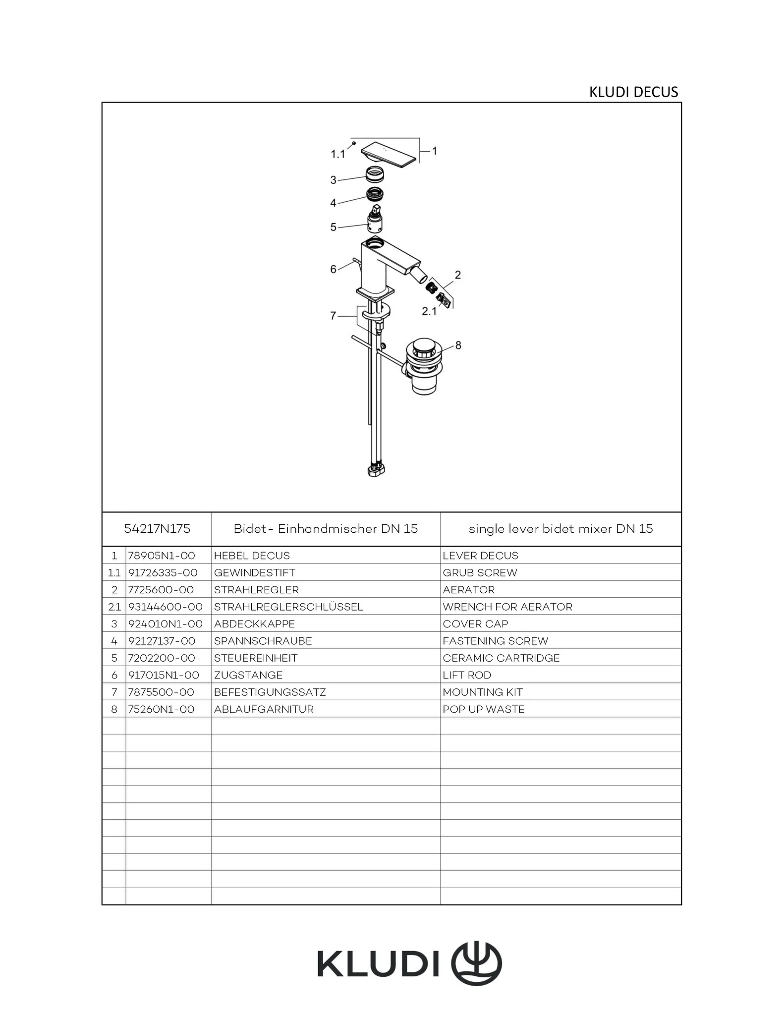 -DECUS Bidet-Einhandmischer mit Ablaufgarnitur chrom